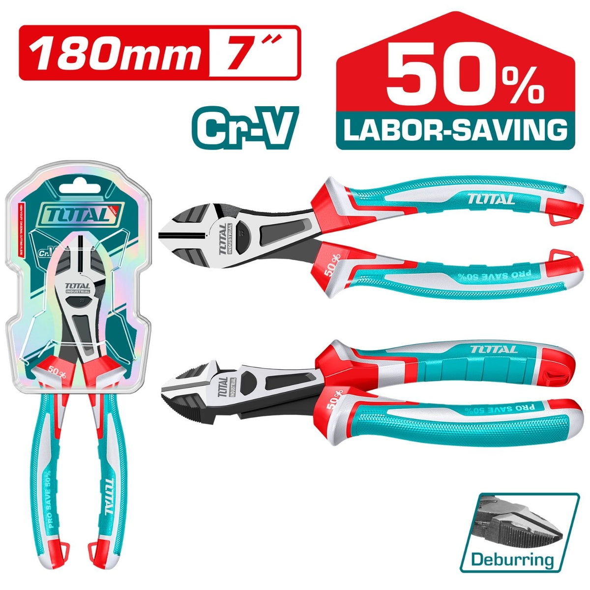 Alicates de corte diagonal de trabajo pesado de 7"/180 mm Cr-V. De alto apalancamiento. Ahorro de energía 50% Con función de desbarbado. Acabado negro y pulido.