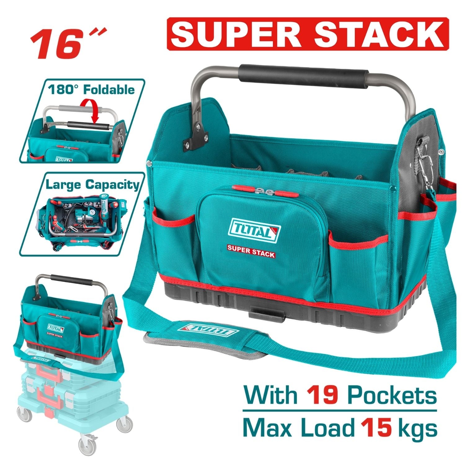 Bolso Caja herramientas de Poliéster 1680D, Tamaño 16” 8 bolsillos y 11 bolsillos interiores. Capacidad: 15Kg. Asa de Acero 180° con agarre suave EVA.