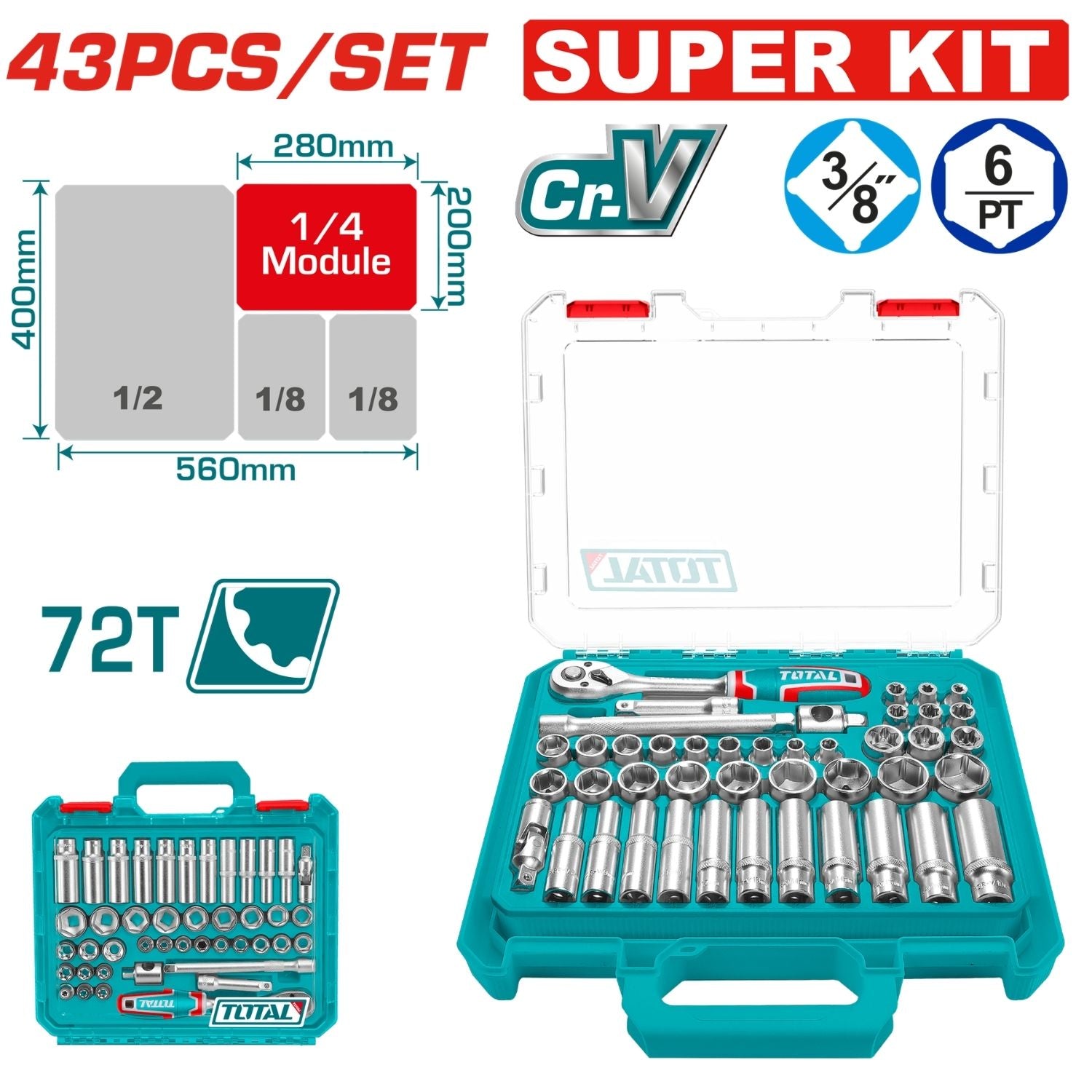 Dados y ratchet 3/8” Cr-V alta calidad Tratamiento térmico Set de 43 pzas.