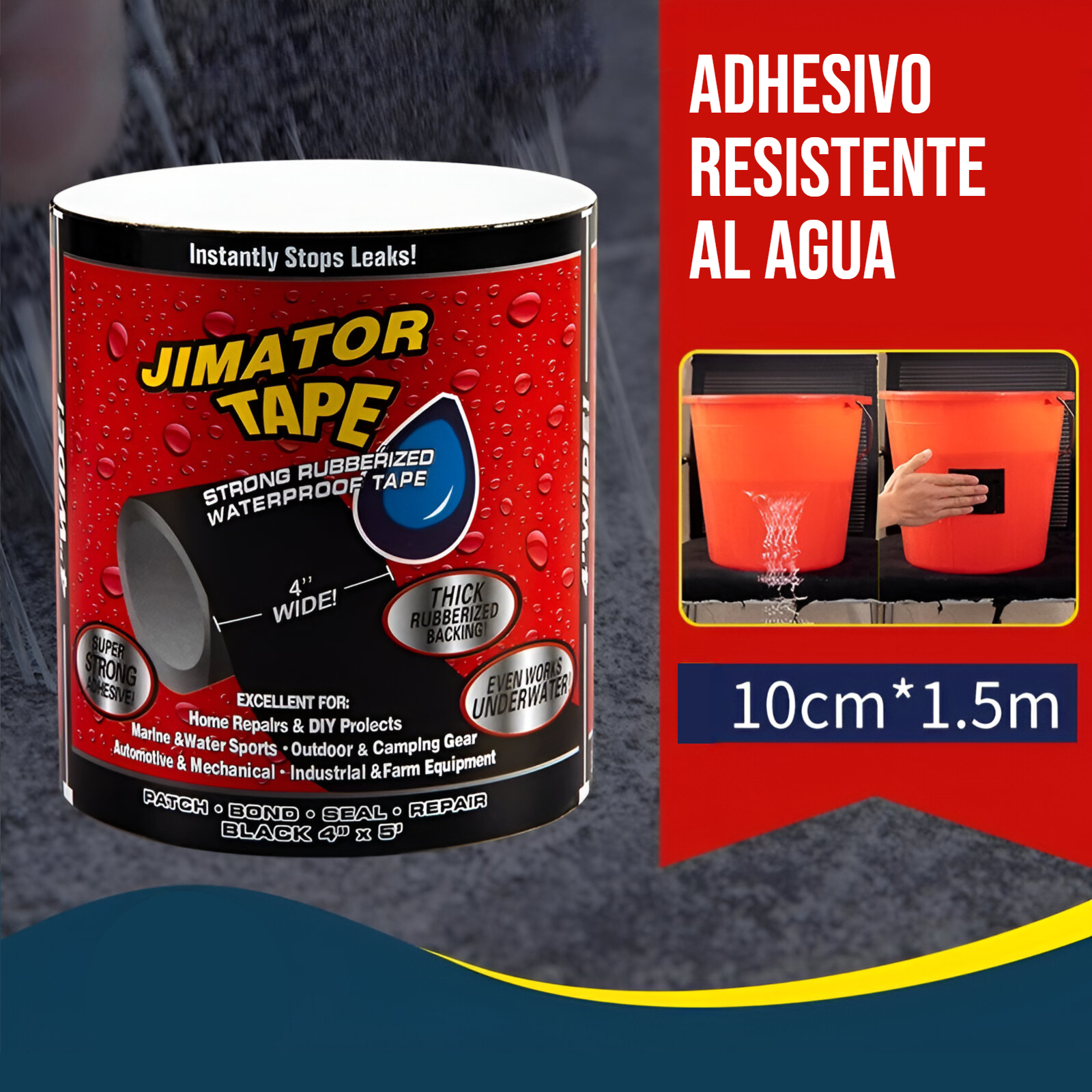 Flex Tape, cinta impermeable de fibra super fuerte 150*10cm/ 4Pulg x 5Pies - Negro