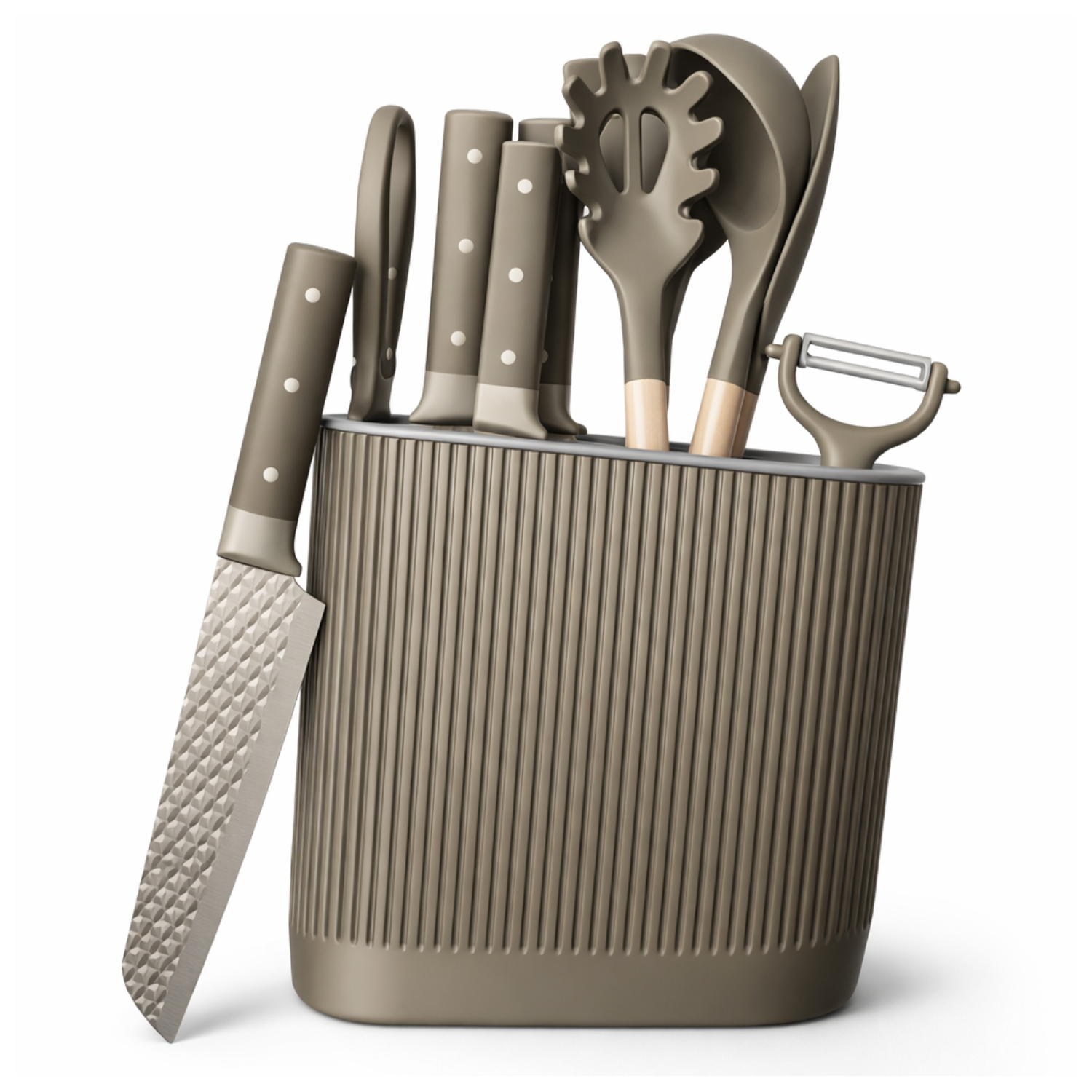 Utensilios de Cocina y cuchillos Color Gris Set de 11 Piezas con Soporte. Diseño Texturizado Antiadherente.