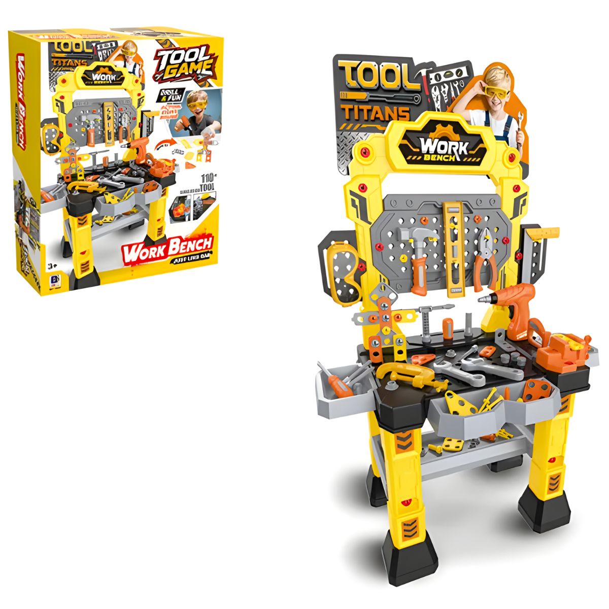 Banco de Trabajo Infantil 39 Pulgadas con Taladro Eléctrico de Juguete con 110 Piezas. Mesa Taller Para Niños Color Amarillo.