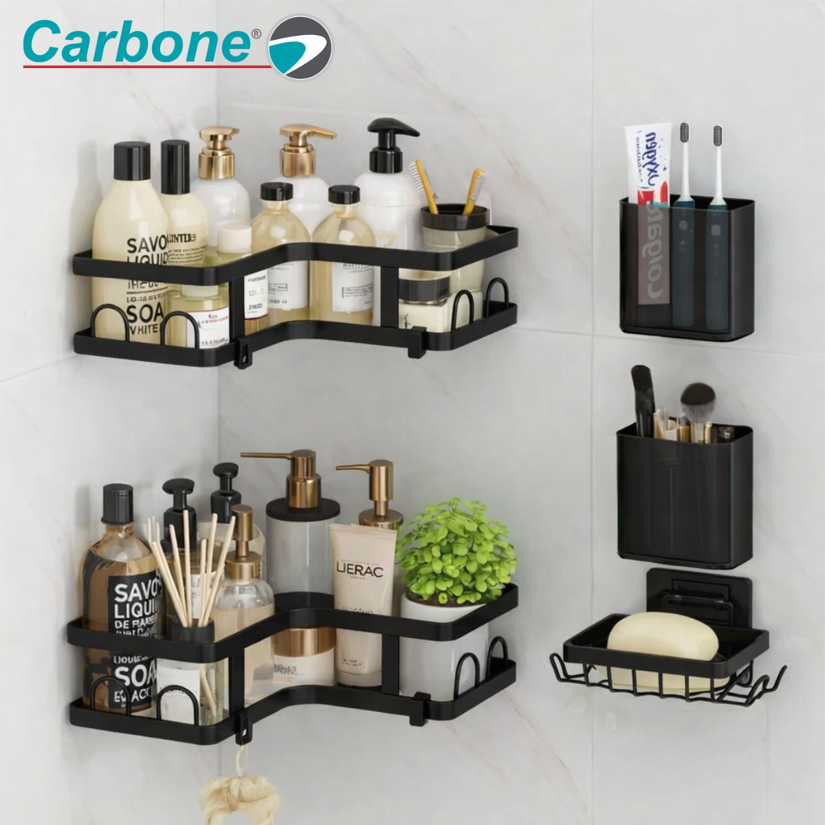 Organizador de Baño Esquinero Doble de Acero Inoxidable + PP. Repisas de Ducha con Adhesivo sin Perforación (2 Unds). Incluye Ganchos y Porta Cepillos. Color Negro
