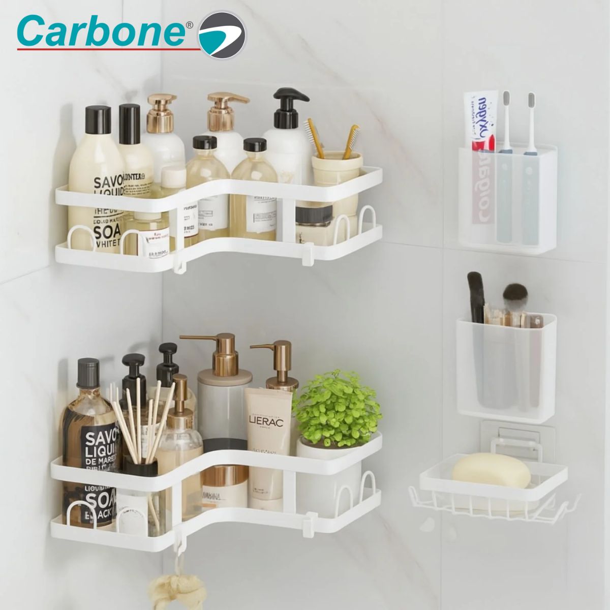 Organizador de Baño Esquinero Doble de Acero Inoxidable + PP. Repisas de Ducha con Adhesivo sin Perforación (2 Unds). Incluye Ganchos y Porta Cepillos. Color Blanco
