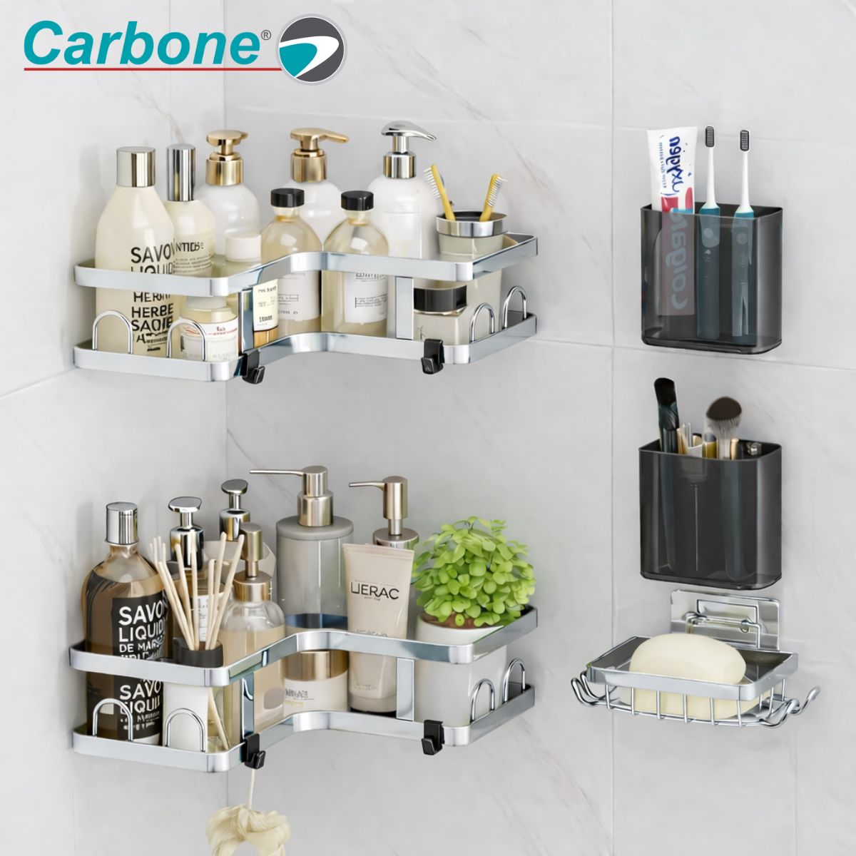 Organizador de Baño Esquinero Doble de Acero Inoxidable + PP. Repisas de Ducha con Adhesivo sin Perforación (2 Unds). Incluye Ganchos y Porta Cepillos. Color Plateado