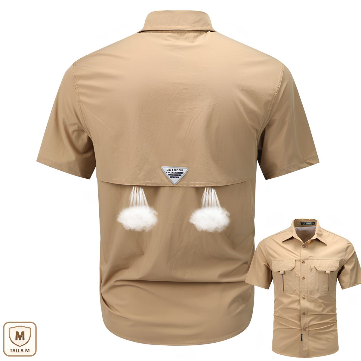 Camisa Outdoor con Protección Solar UV Manga Corta con Secado Rápido Transpirable y Bolsillos Multiuso para Senderismo Camping Pesca. Color Caqui.