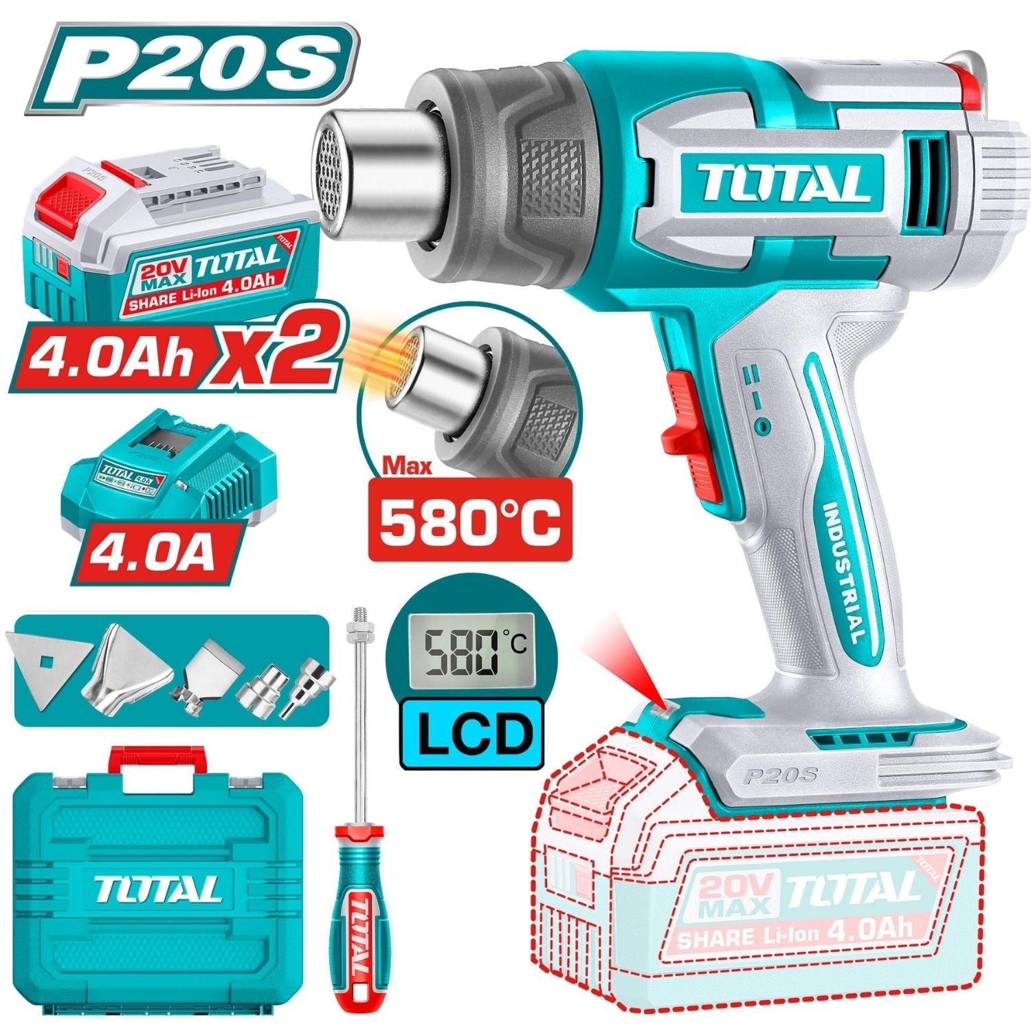 Pistola De Calor Inalámbrica. 20V. Temperatura 30-300°C / 30-580°C. Pantalla LCD. Incluye Batería y Cargador y Accesorios. Blower aire