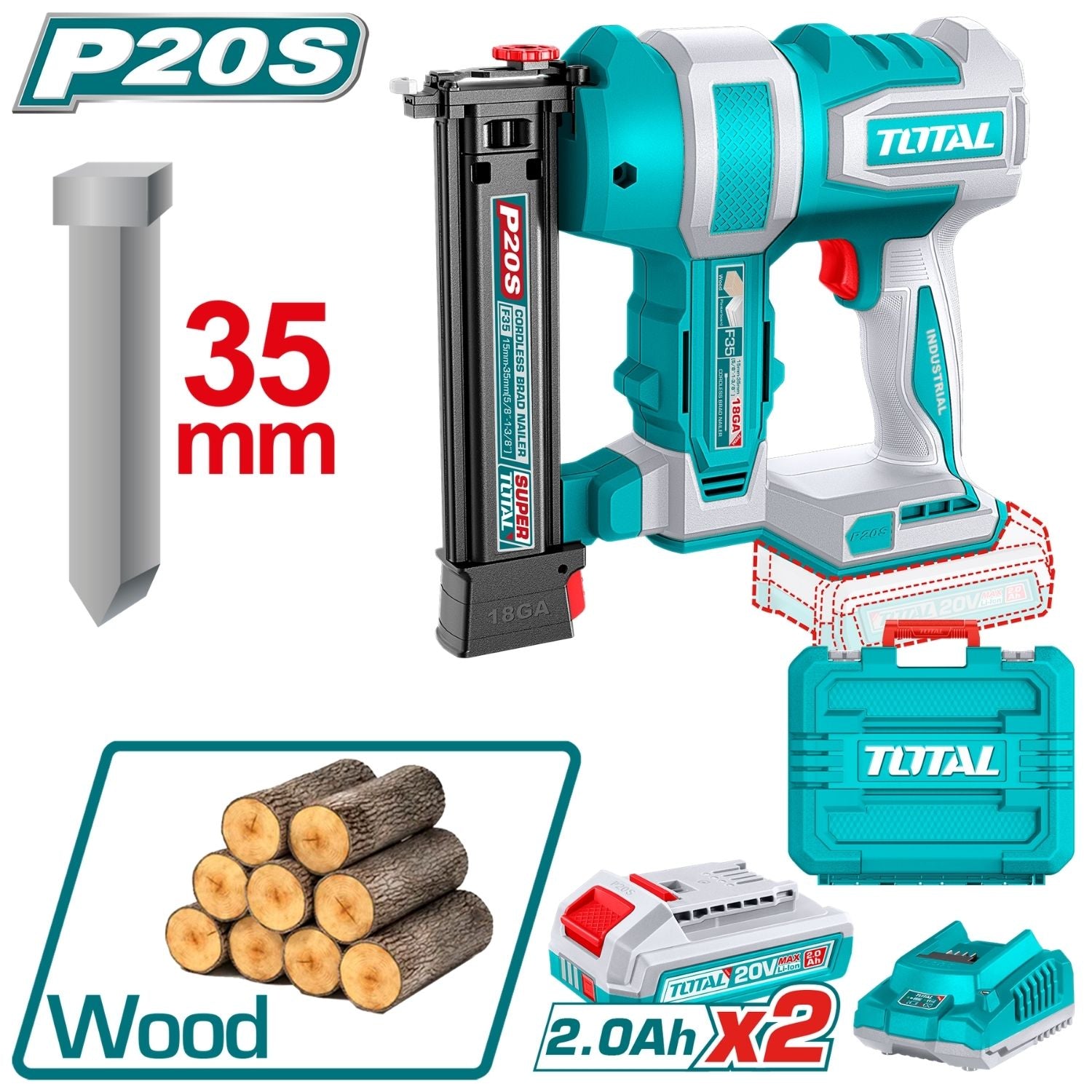 Clavadora de madera Inalámbrica 20V tipo F15~F35 Clavos Brad de 35mm. Capacidad de 105 pzs. Incluye 2 baterías y 1 cargador.