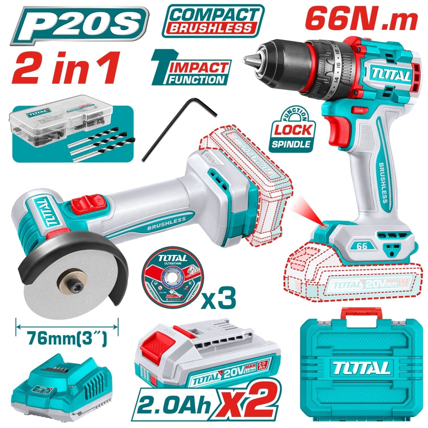 Combo Total Mini Amoladora 3” 20000 rpm, Taladro Percutor 66Nm 1/2” / 0-2000rpm. Incluye accesorios, batería y cargador.