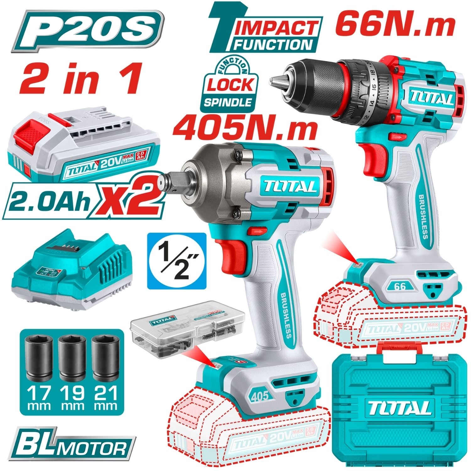 Combo Total 20V Taladro Impacto y Llave de Impacto 20V Inalámbricas Poderosas Y Potentes Con Batería Y Cargador. COMBOS POCAS UNIDADES