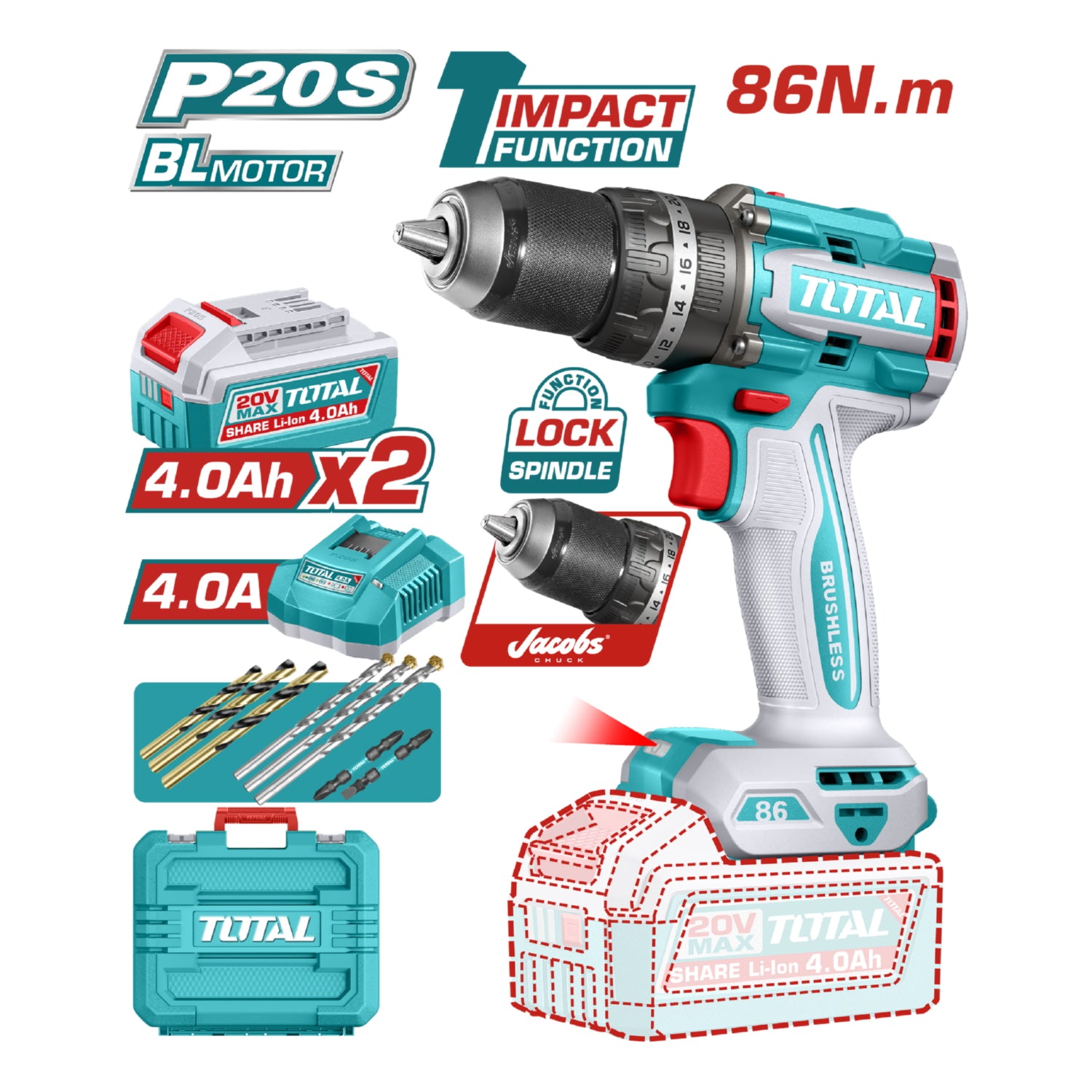 Drill Taladro Percutor 86N.m 20V Función De Impacto. Mandril Metálico Jacobs. Motor sin escobillas. Incluye Batería, Cargador y accesorios.