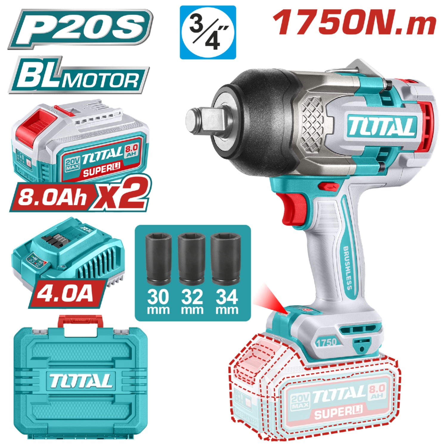 Llave Impacto dado cuadrado 20V 3/4" Motor sin escobillas. 1750Nm Incluye 2 baterías y cargador. Super Total