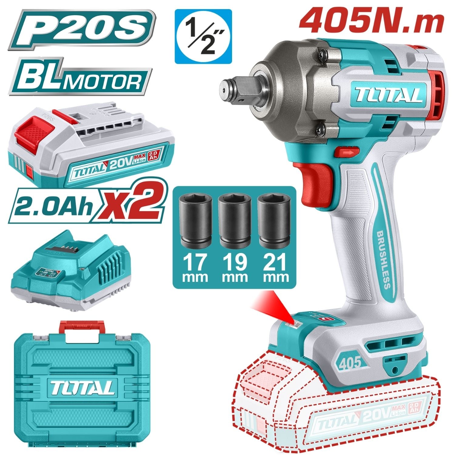 Llave de Impacto Dado Cuadrado 1/2" 20V 405Nm. Incluye 2 Baterías y 1 cargador.