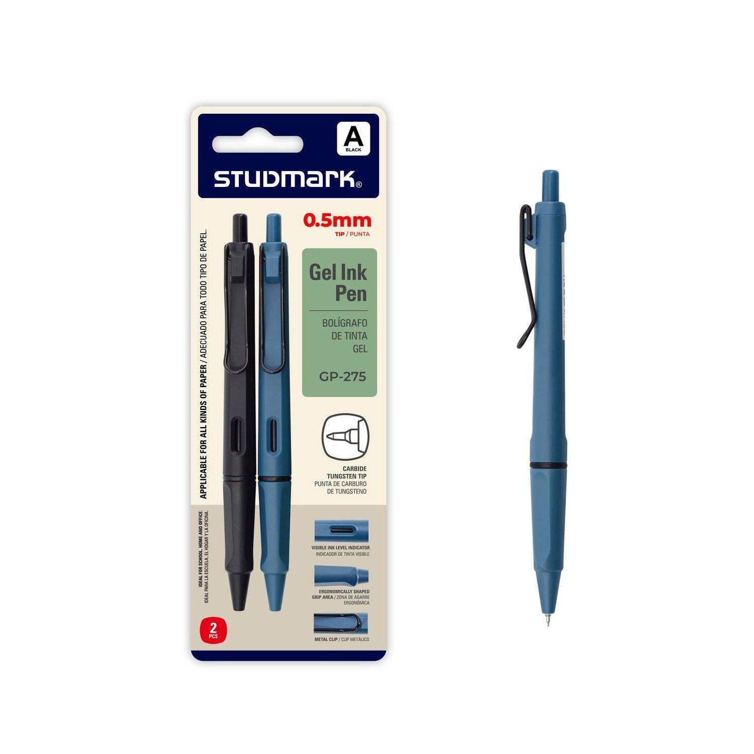 Bolígrafo retráctil tinta de gel 0.5mm negro (Set de 2 pzas).