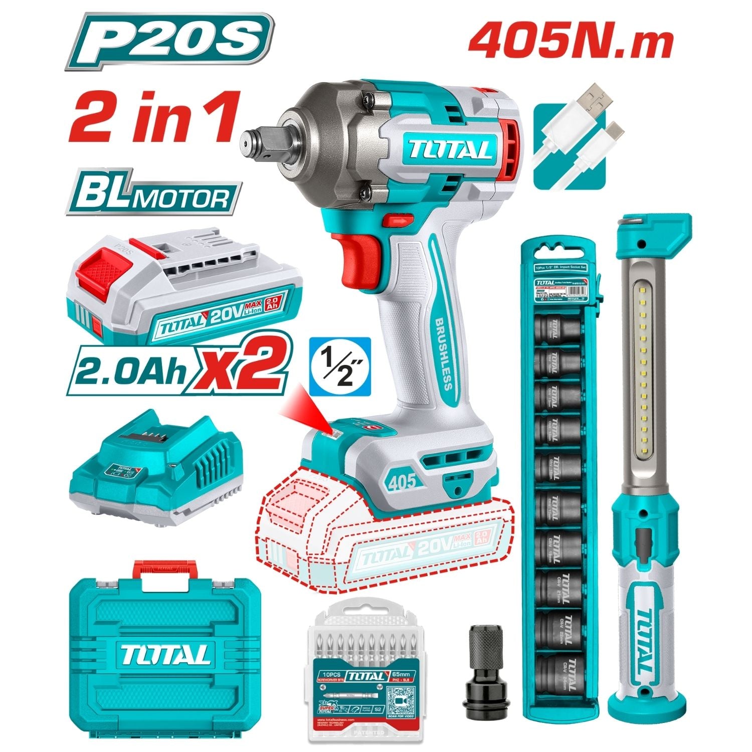 Combo Total Llave de Impacto Inalámbrica 20V 1/2" 405Nm 2400rpm Motor sin escobillas con Lámpara de Trabajo 3.5W y Accesorios. POCAS UNIDADES