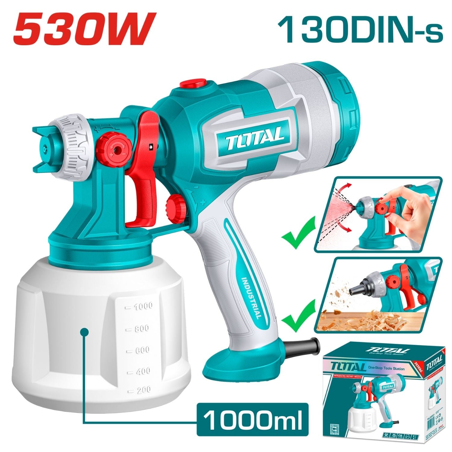 Pistola Spray para Pintar 530W Capacidad de Envase 1000 ml. Voltaje: 110-120 V ~ 50 / 60Hz.