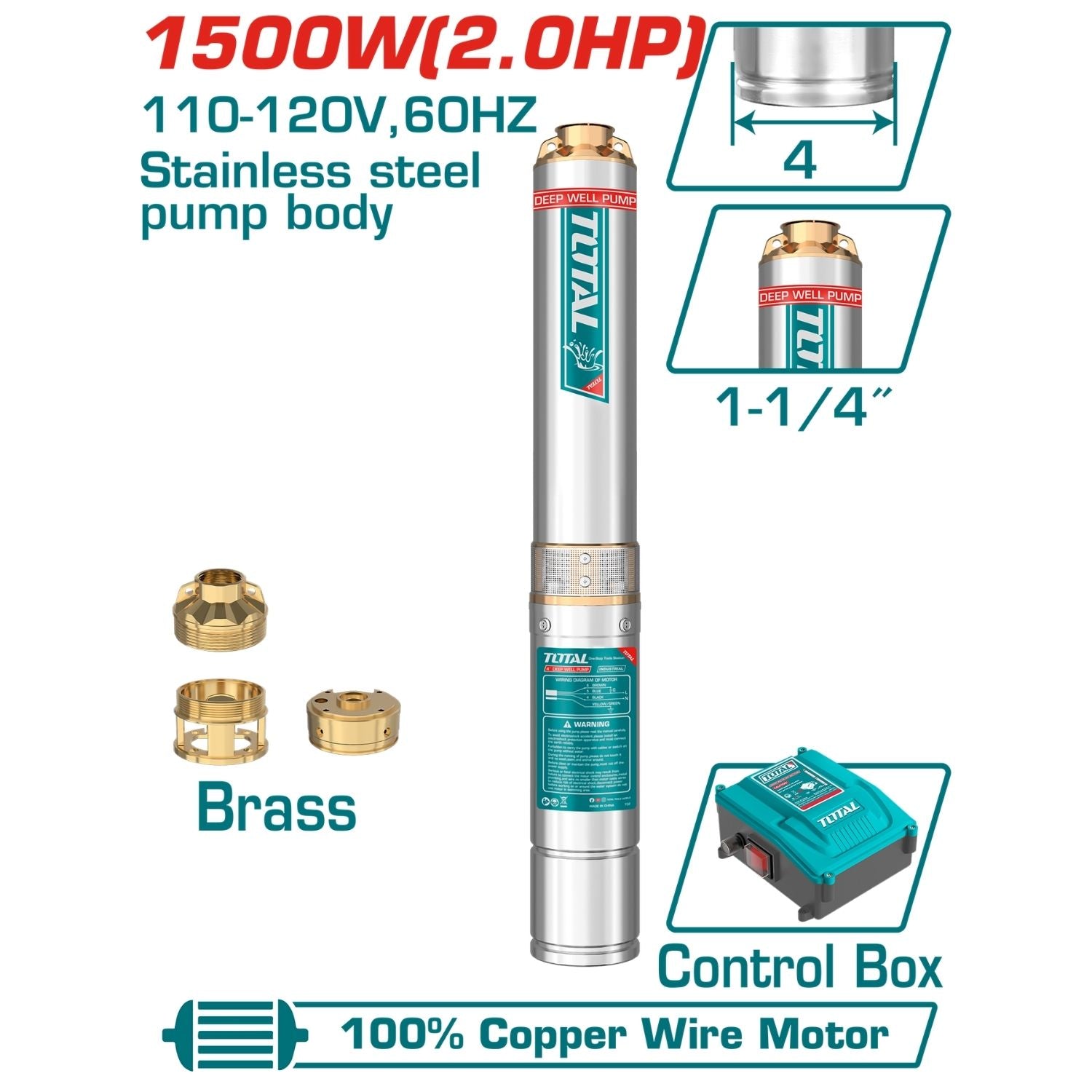 Bomba Sumergible para Pozo Profundo 4" 2HP 1500W Motor Cobre Altura Max 135m
