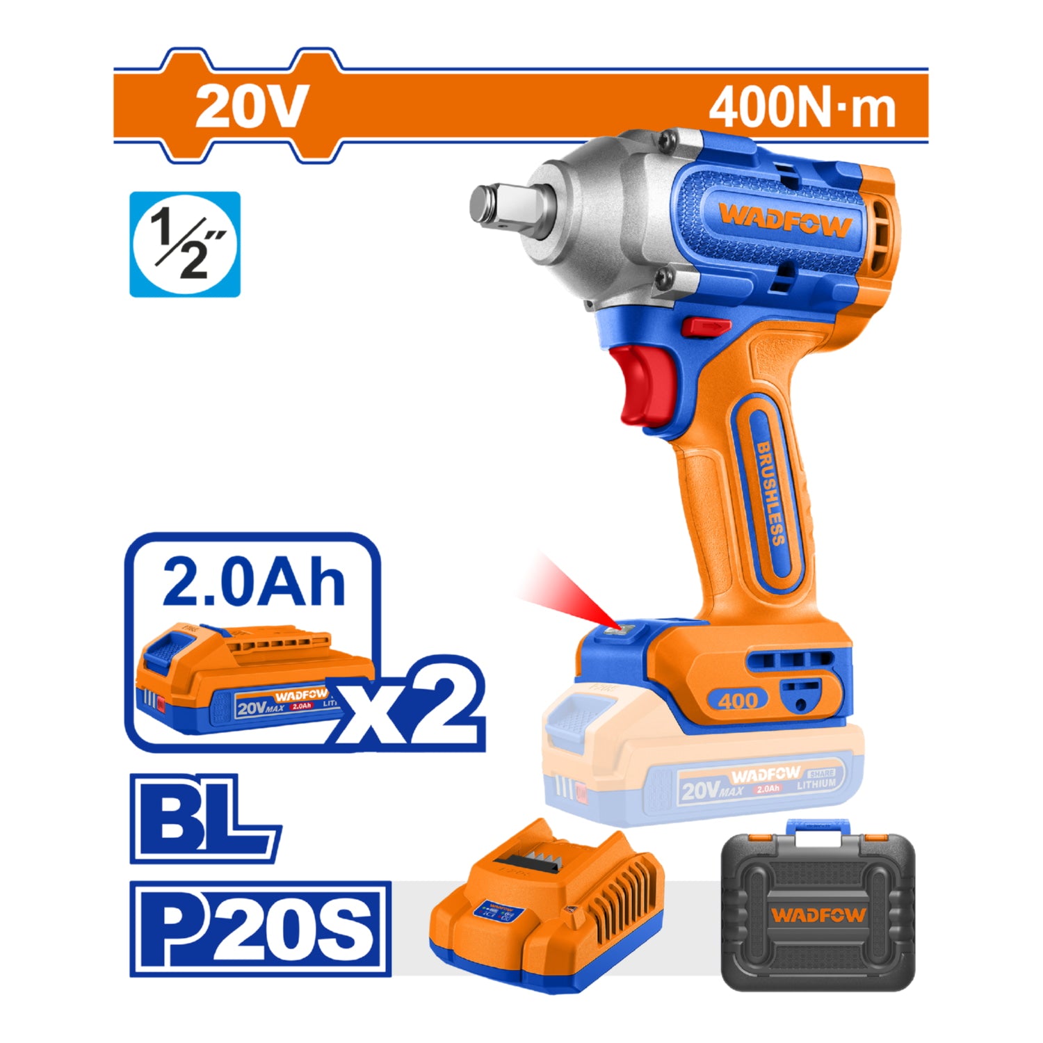 Llave impacto dado cuadrado 1/2" 20V Motor sin escobillas 400Nm. Velocidad sin carga 0-2300rpm Incluye 2 baterías 1 cargador.