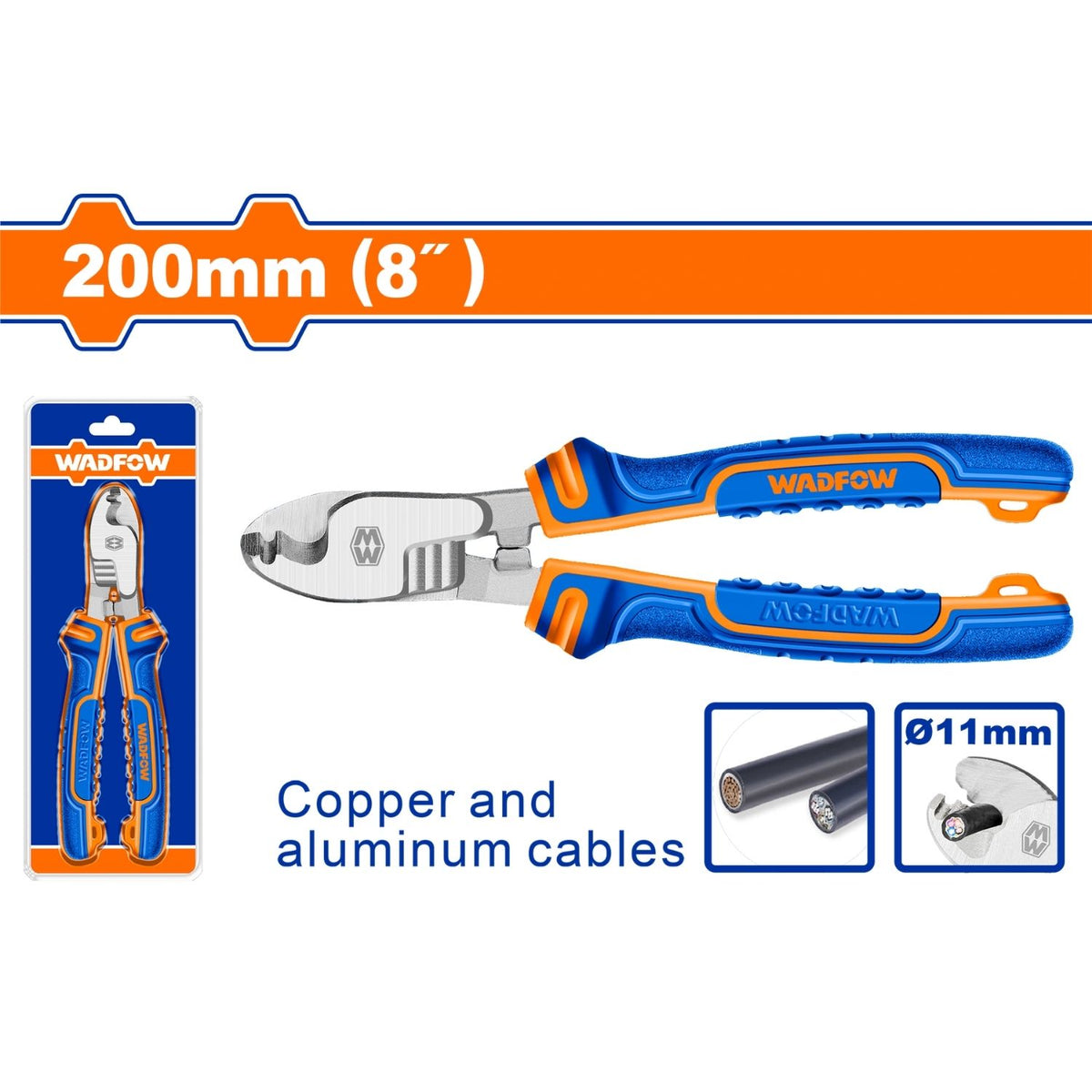 Cortador de cable 8" (200 mm) Pulido y antióxido. Acero al carbón. Mango bicolor para mayor agarre y comodidad.