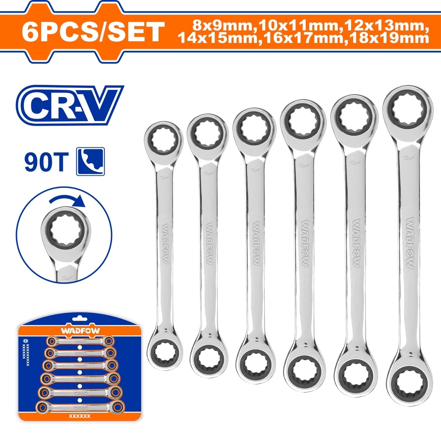 Llaves Ratchet doble anillo acodado Set 6 piezas. 8–19 mm Cr-V. Fino Pulido. Set