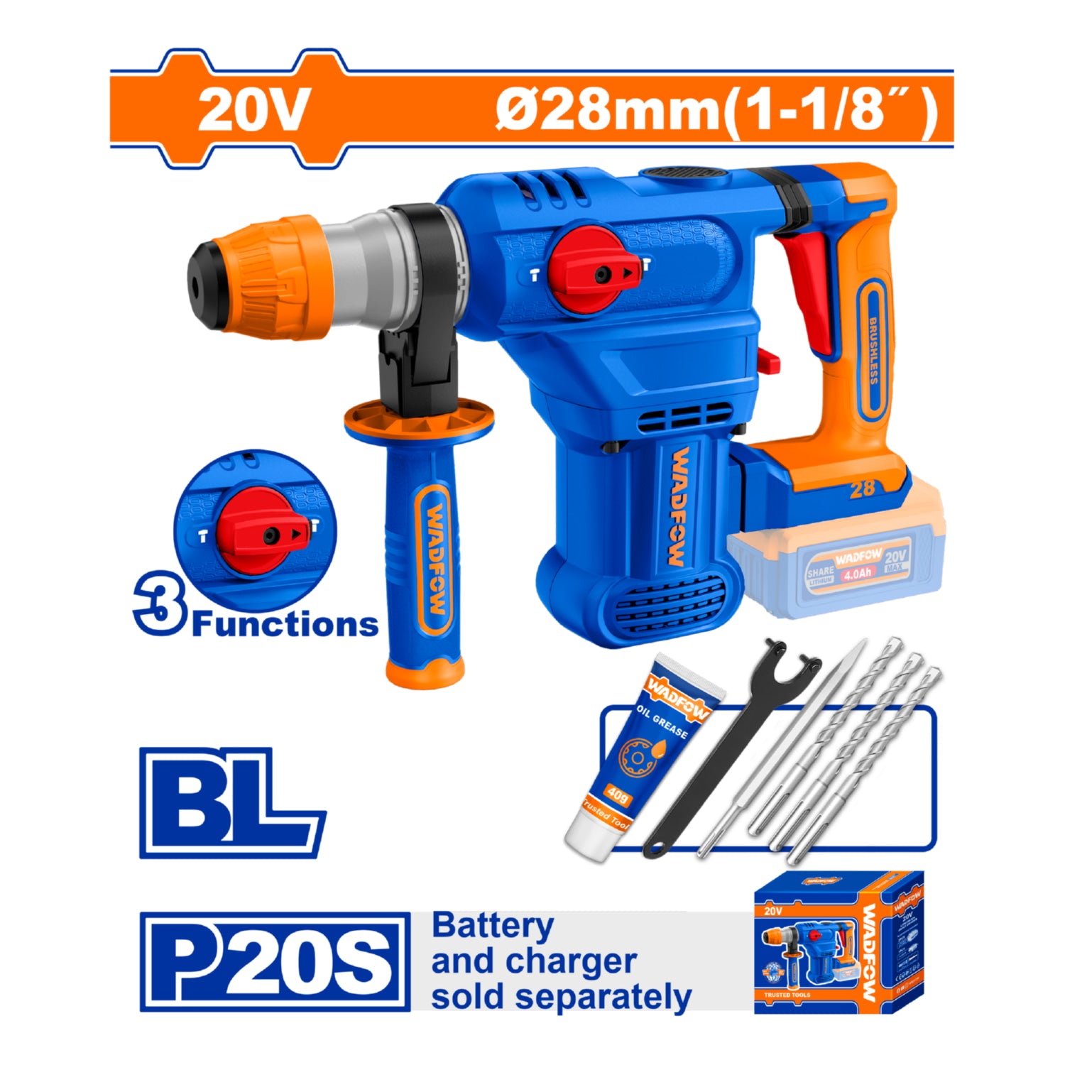 Rotomartillo Inalámbrico 20V. Motor sin escobillas. 0-930rpm 0-4400bpm 4.5J Sistema de mandril SDS Plus Hormigón: 28mm. No incluye Batería y cargador. Taladro Demoledor.