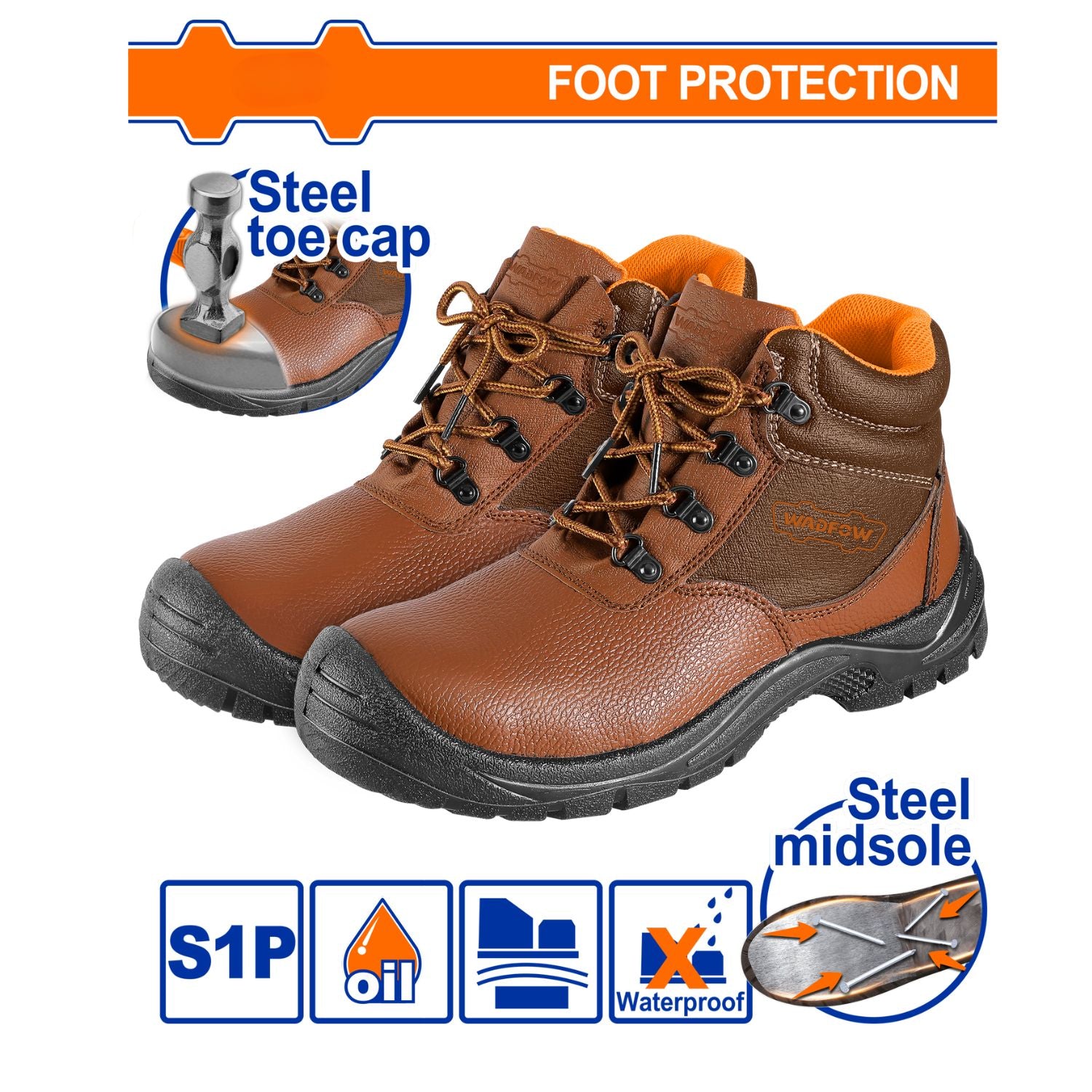 Botas de seguridad de Cuero con Punta y Entresuela de Acero. Cierre con cordones. A prueba de agua. Se vende en par.