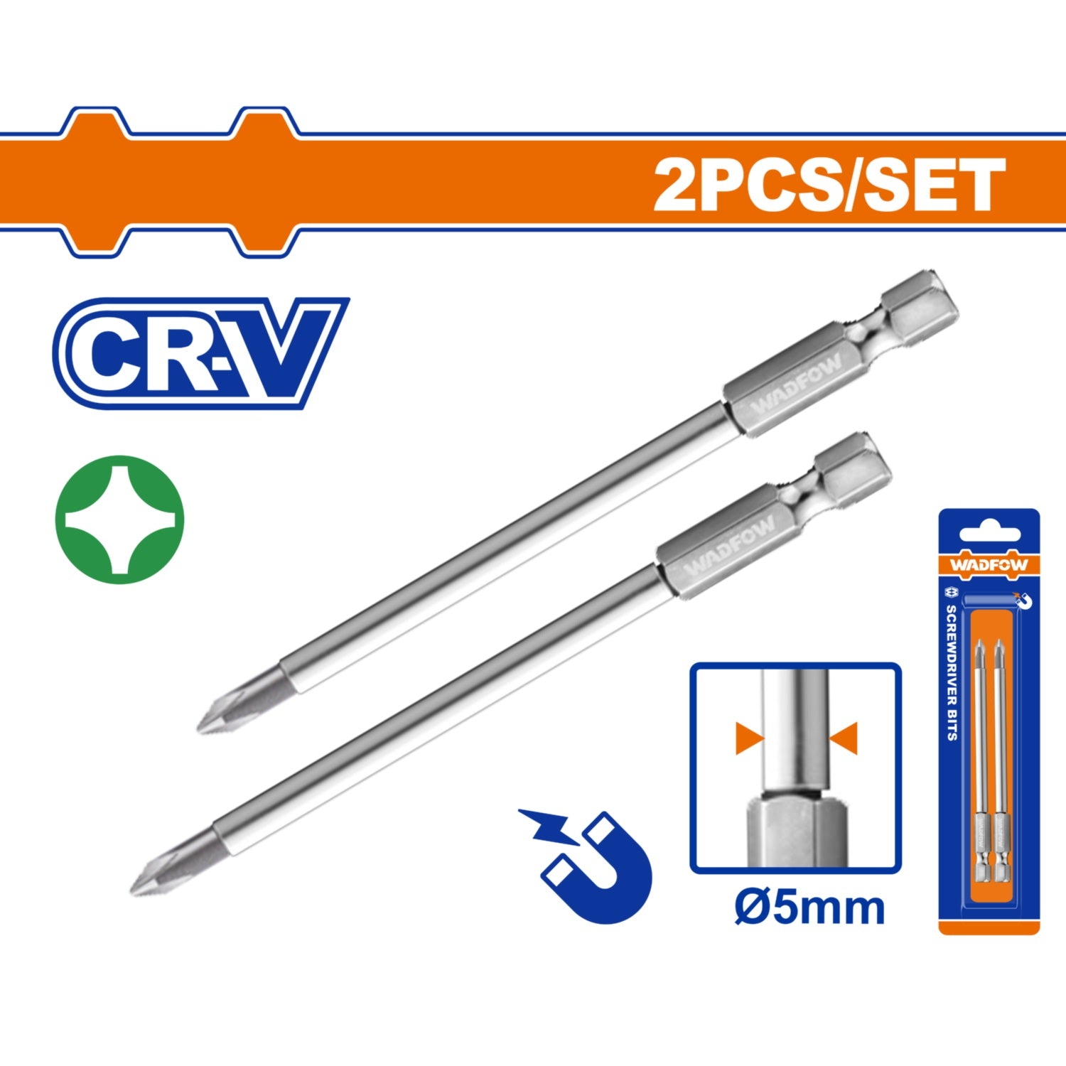 Puntas de destornillador Estrella Cr-V Punta magnética. Set de 2 piezas.