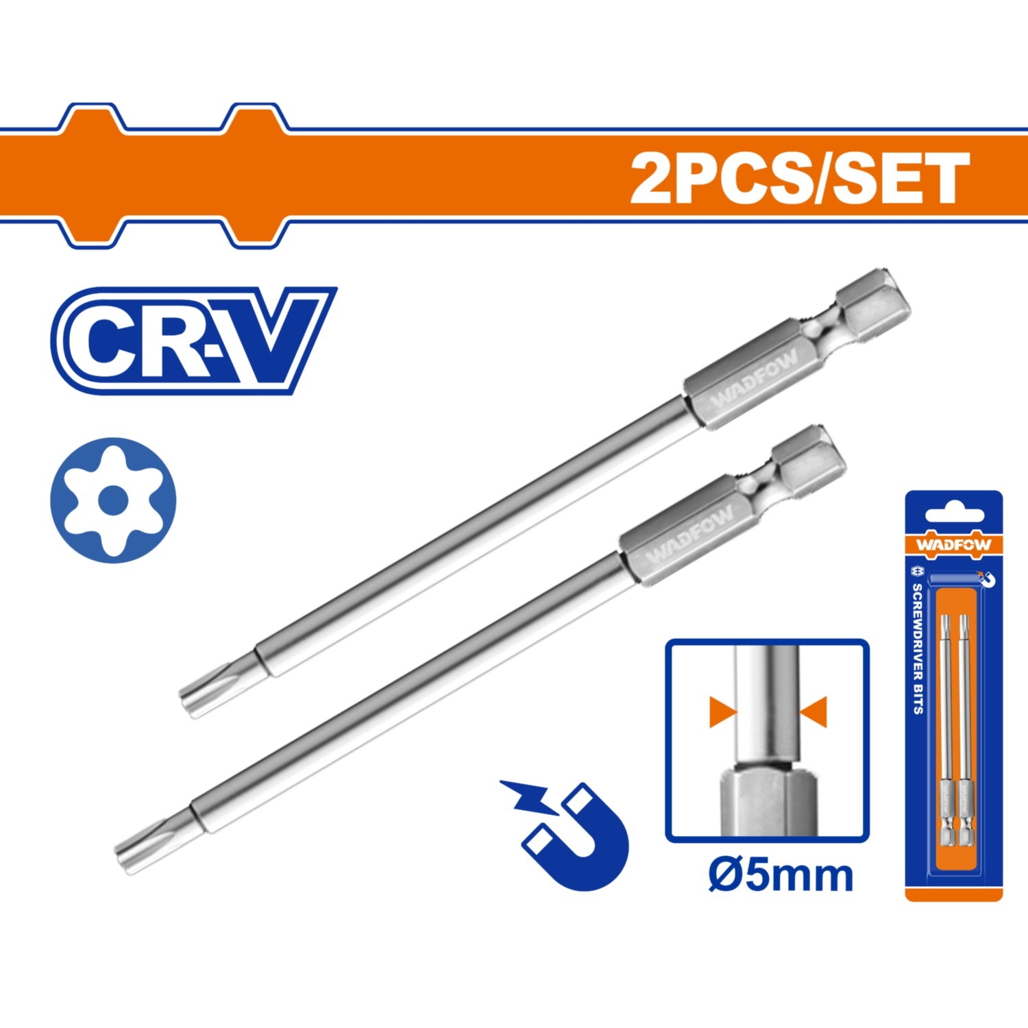 Puntas de Destornillador Torx Cr-V Punta magnética. Set de 2 piezas.