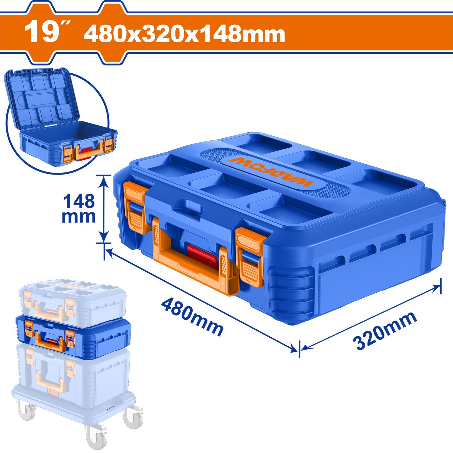 Caja de Herramientas Apilable de 19" 480 mm * 320 mm (12.5") * 148 mm (5.8"). Carga Máx 18Kg Fácil de apilarse