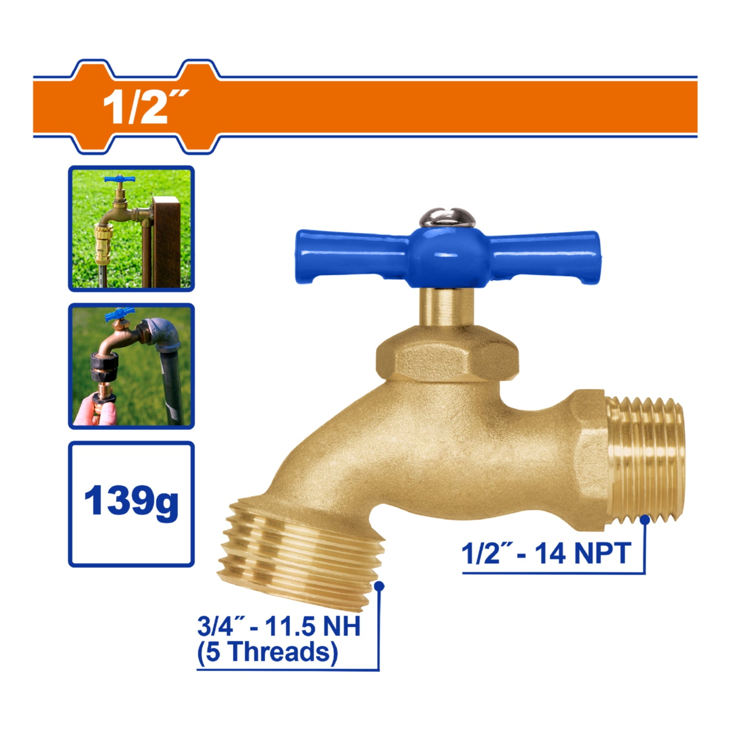 Llave de agua con rosca para manguera 1/2" (13mm) Peso: 139g. Uso en jardín y tomas de agua.