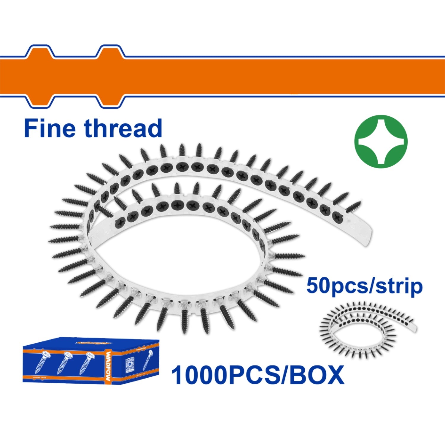 Tornillos en Tira para Drywall Rosca Fina. Fosfatizado. Phillips Cabeza Bugle