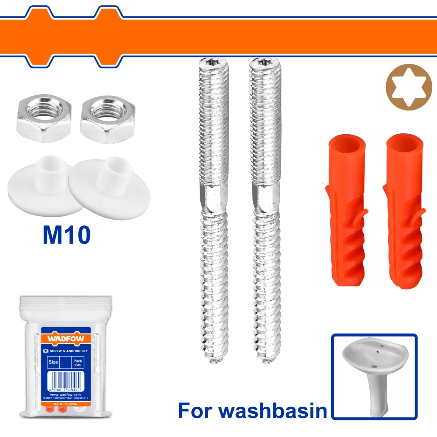 Tornillos Estrella para lavamanos y Anclajes de plástico Con arandelas. SET