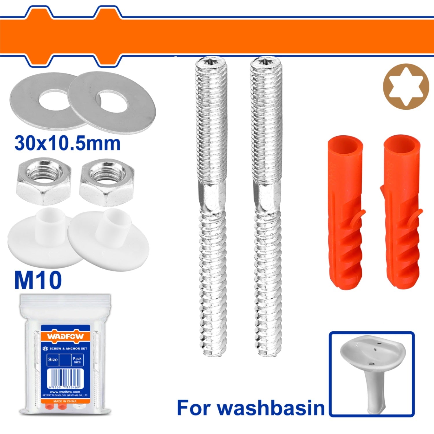 Tornillos Estrella para lavamanos y anclajes de plástico. Con arandelas. SET