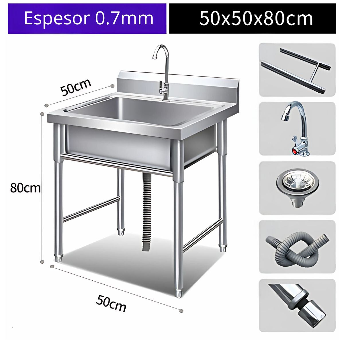 Fregador tina industrial de 50x50x90 cm. Acero inoxidable 201. Calibre 0.7 mm. Ideal para cocinas de hostelería.