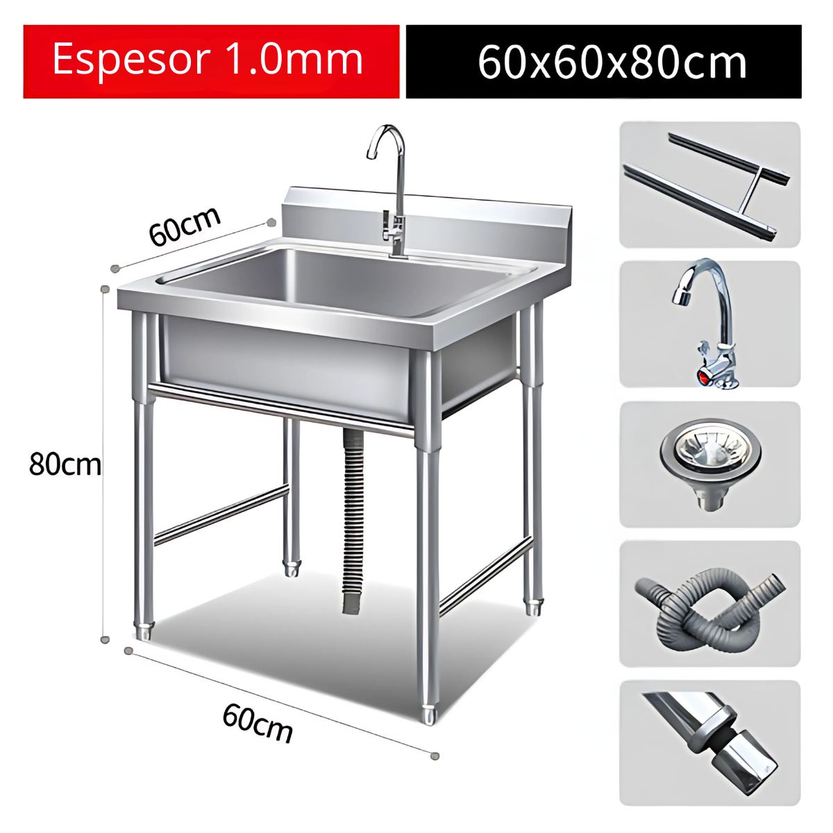 Fregador tina industrial de 60x60x80 cm. Acero inoxidable 201. Calibre 1.0 mm. Ideal para cocinas de hostelería.