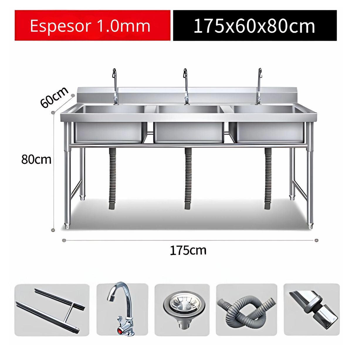 Fregador tina industrial triple de 175x60x80 cm. Acero inoxidable 201. Calibre 1.0 mm. Ideal para cocinas de hostelería.