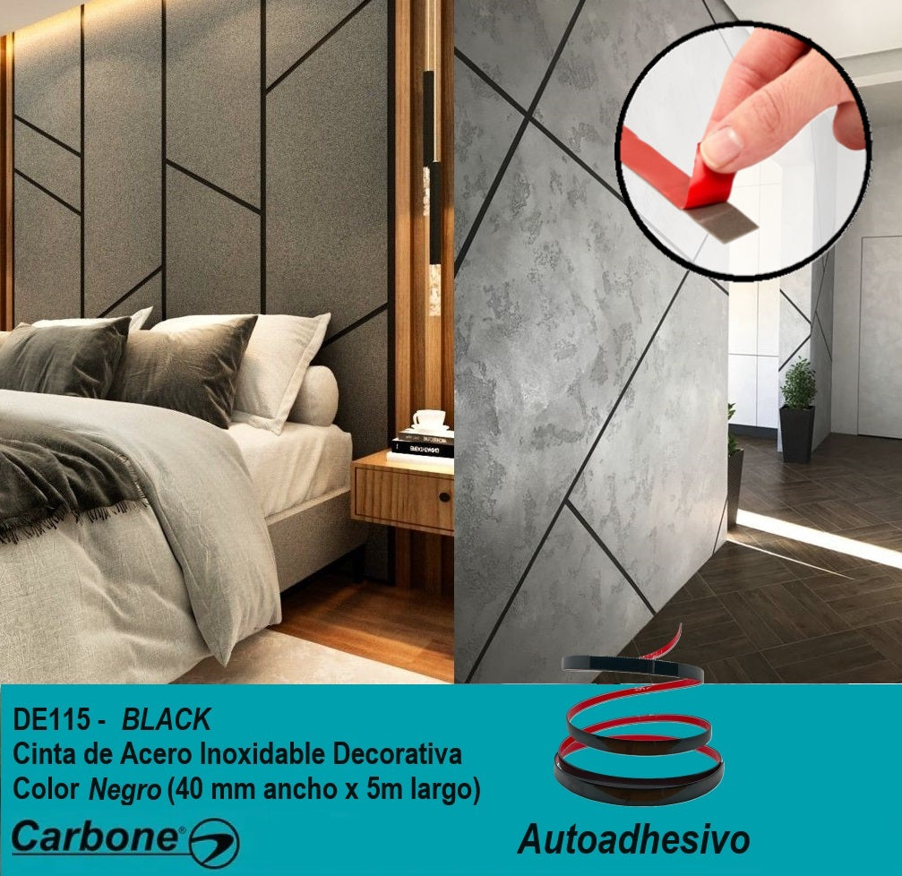 Cinta de acero Inoxidable Negro brillante Tira Autoadhesiva Decorativa delgada 2 cm x 5m largo para marmol PVC