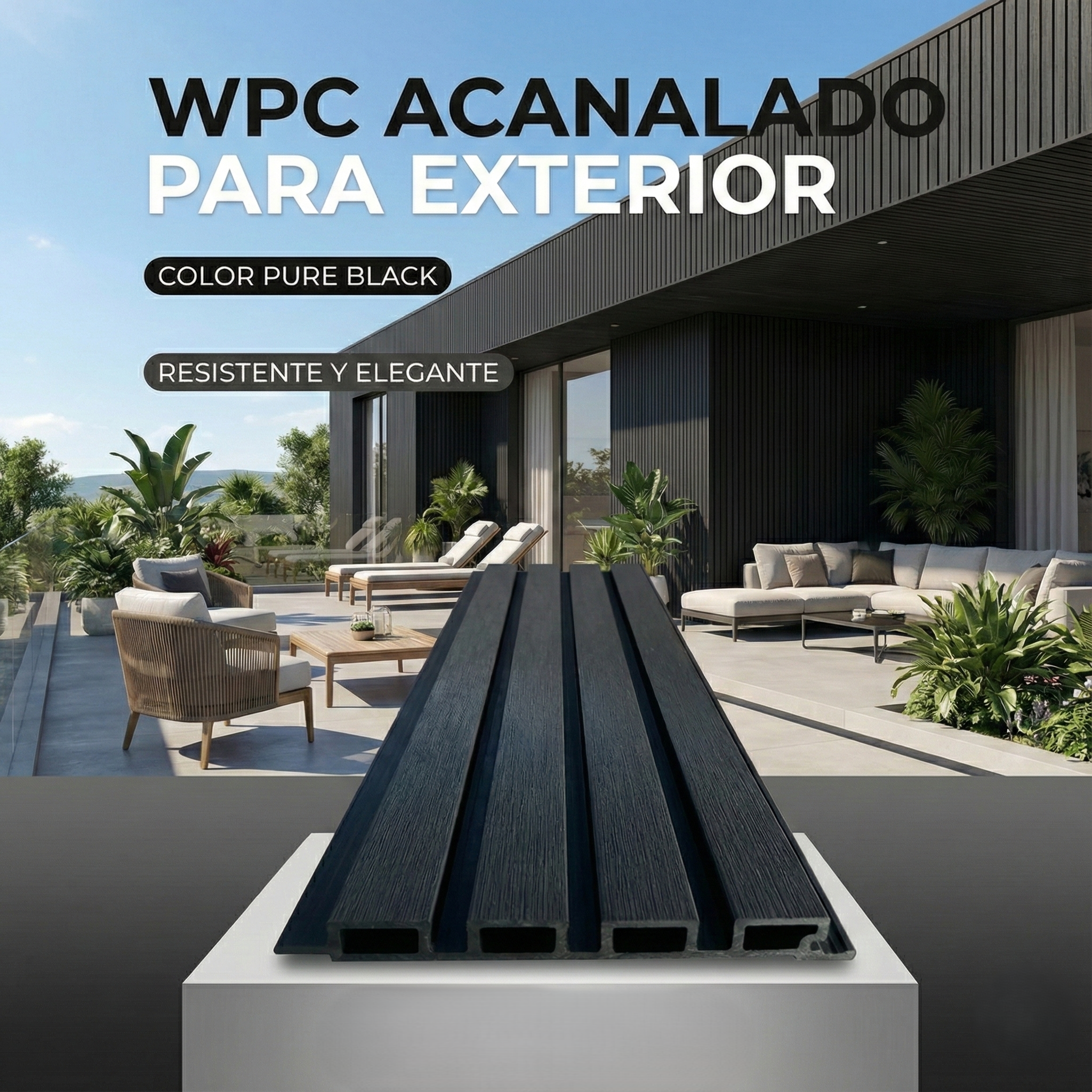 Panel Acanalado WPC para Exteriores color Negro 26×219×2900 mm Lámina Decorativa Tipo Madera Resistente UV e Intemperie