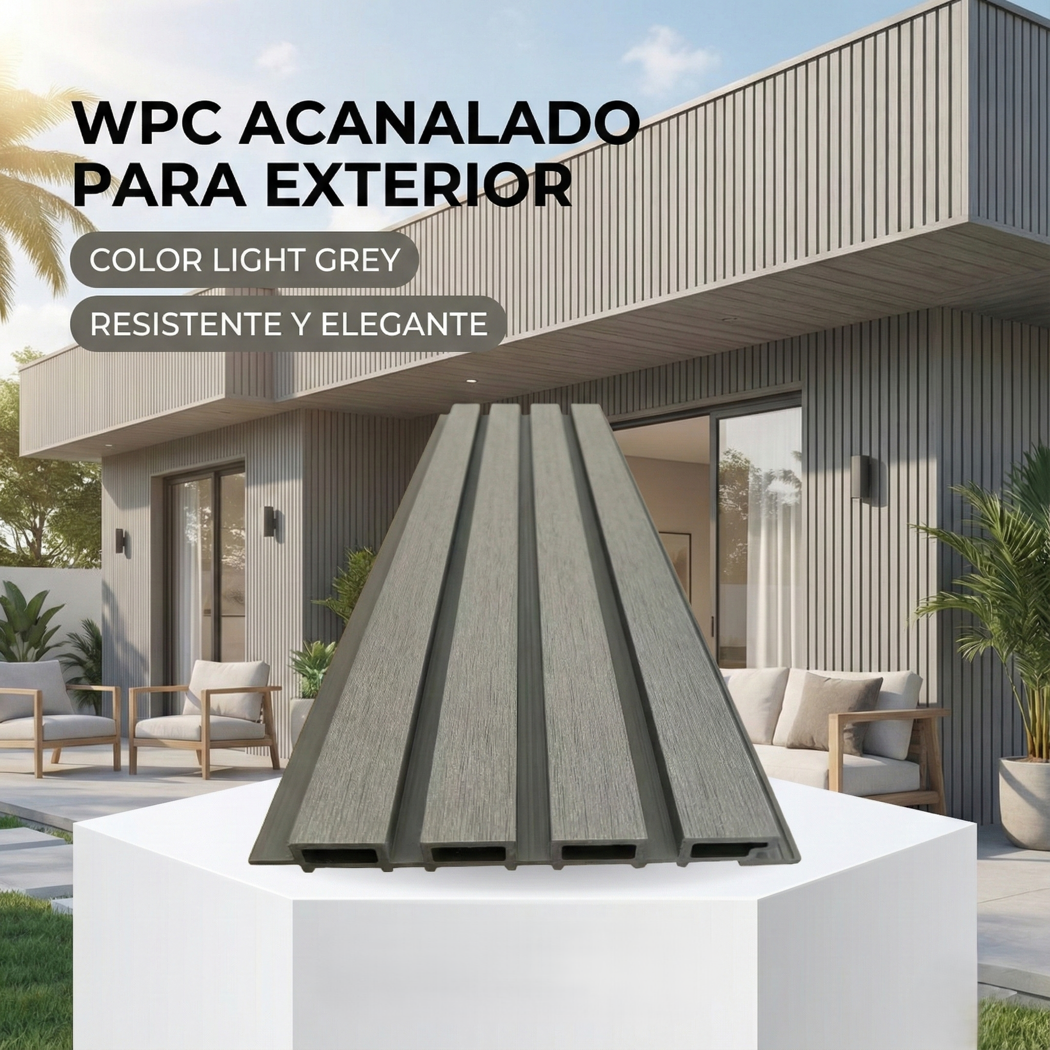 Panel Acanalado WPC para Exteriores color Gris Claro 26×219×2900 mm Lámina Decorativa Tipo Madera Resistente UV e Intemperie