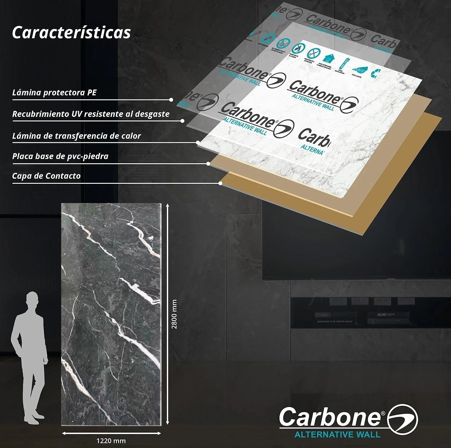 Panel Decorativo Mármol PVC 1.22 m x 2.80 m x 3 mm Marmol Black white