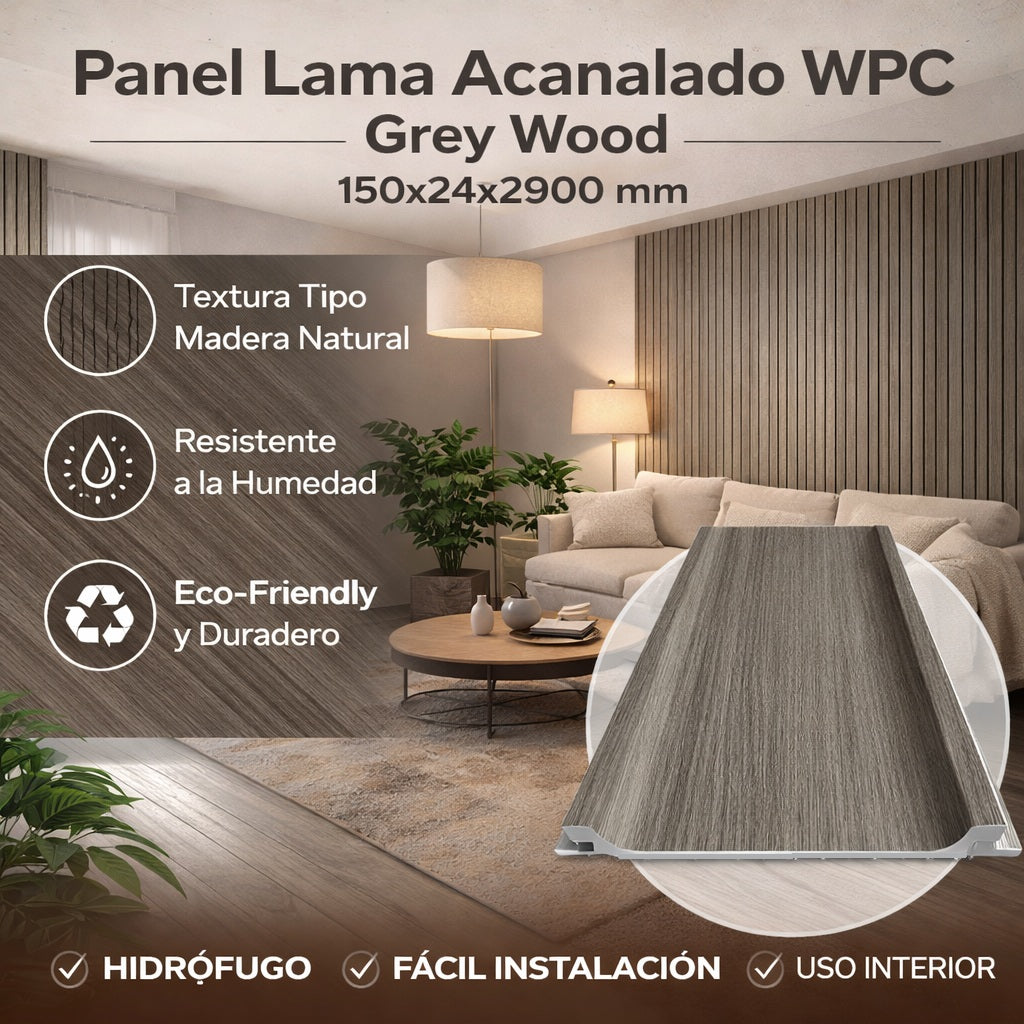 Panel Lama Acanalado WPC Grey Wood 150x24x2900 mm | Revestimiento Interior Hidrófugo para Muros y Techos