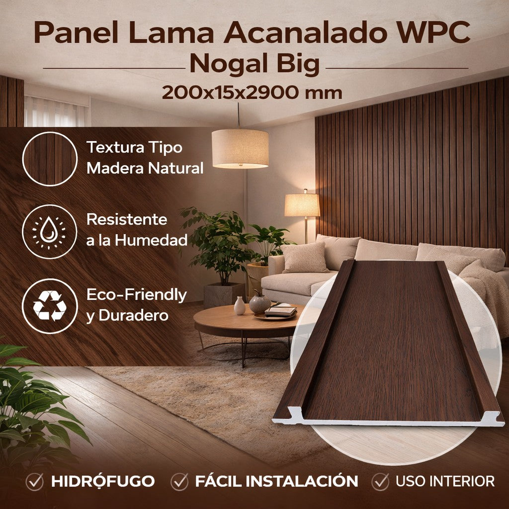 Panel Lama Acanalado WPC Madera Nogal Big 200x15x2900 mm | Revestimiento Interior Hidrófugo para Muros y Techos