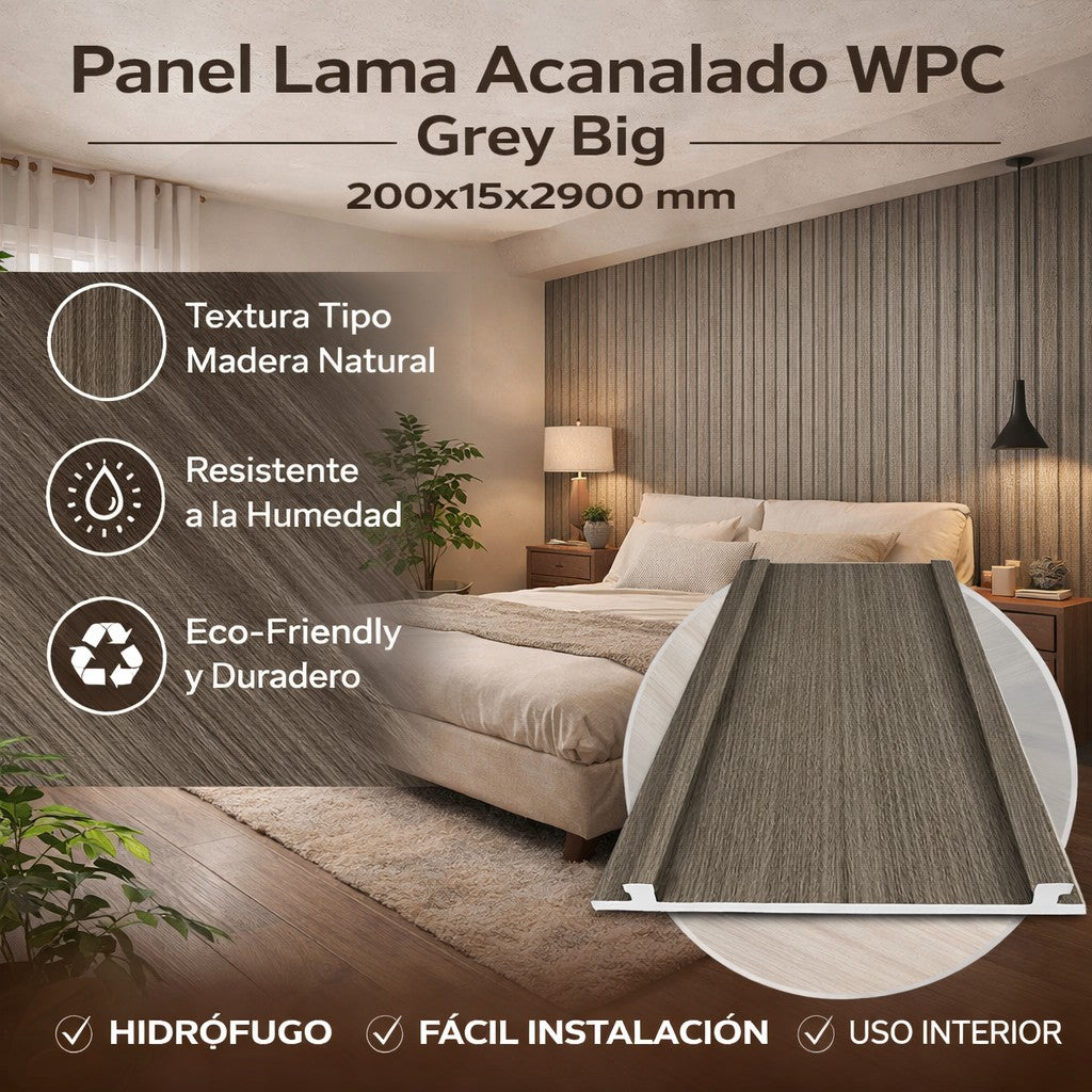 Panel Lama Acanalado WPC Grey Big 200x15x2900 mm | Revestimiento Interior Hidrófugo para Muros y Techos