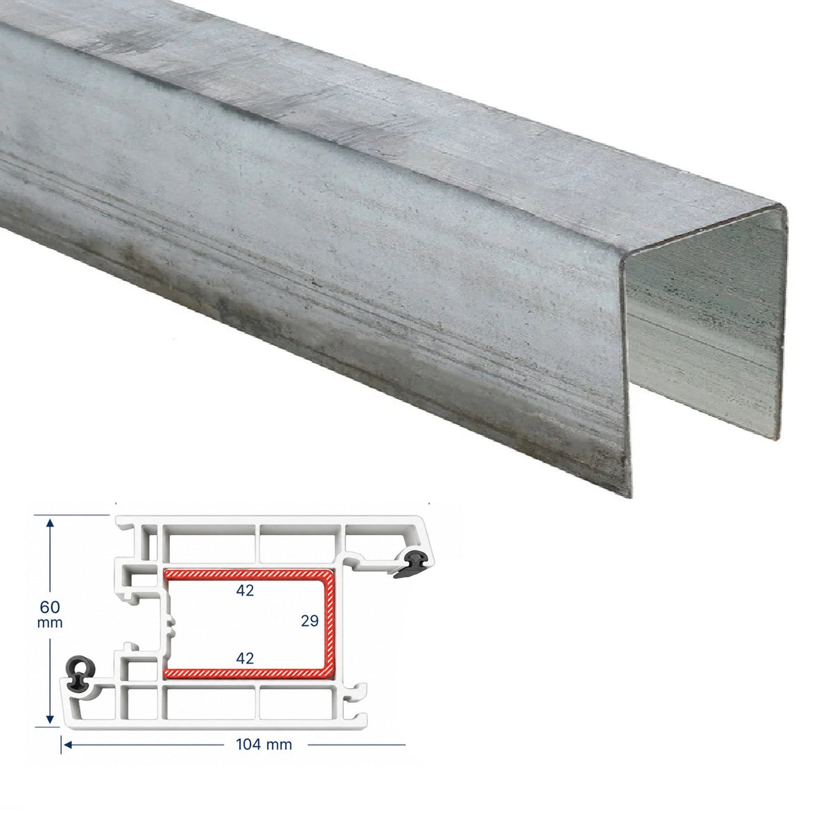 Refuerzo De Acero 1.2Mm Perfil "U" 42x29x42mm Para Hoja de Puerta Abatible Upview 60Mm HAT028 5.9M