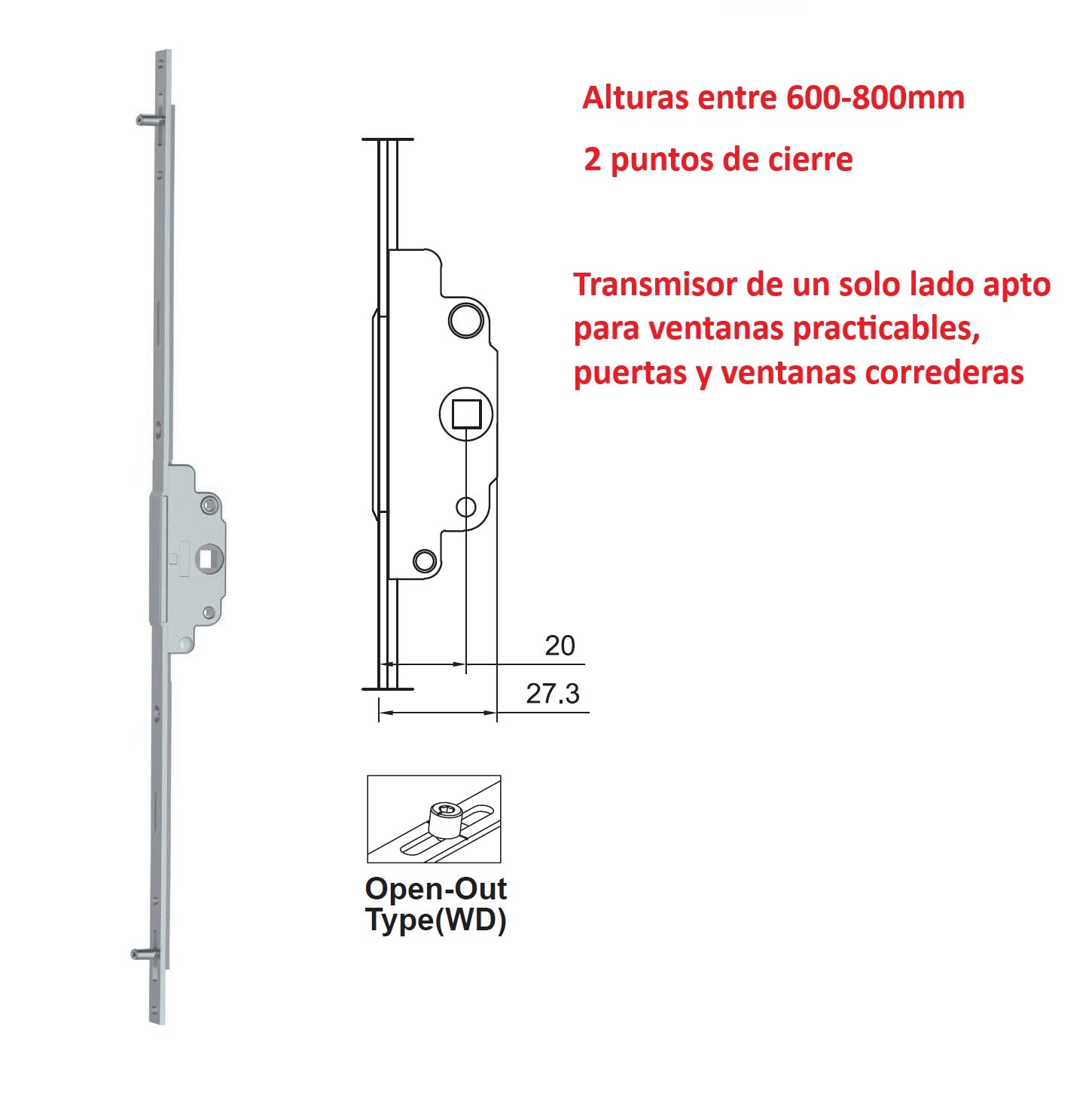 Barra de transmisión un solo lado Para Ventanas abatibles y correderas uPVC y Aluminio (altura max. 600-800mm)
