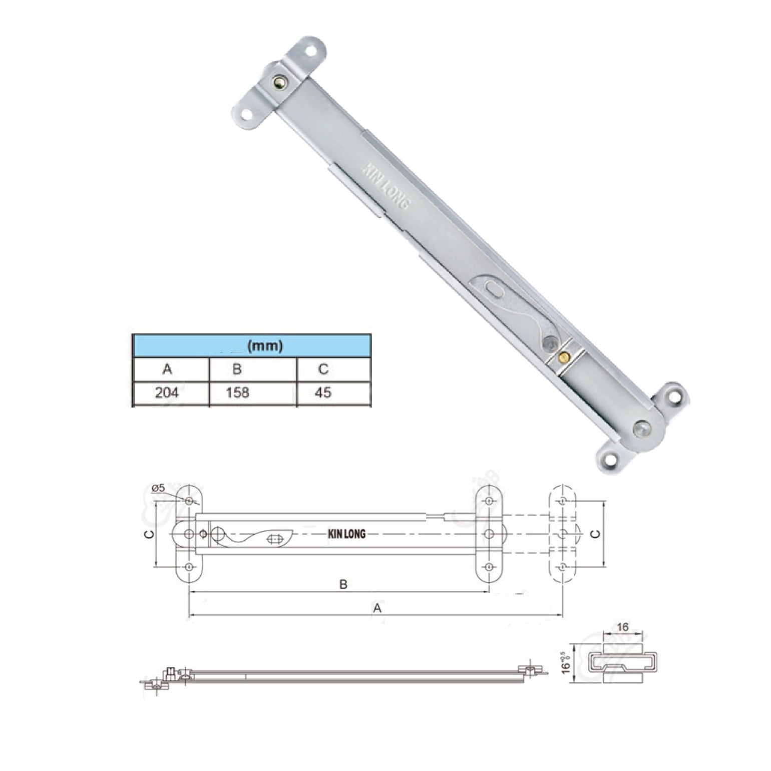 Limitador DERECHO telescópico contra viento ventanas uPVC y aluminio 8"