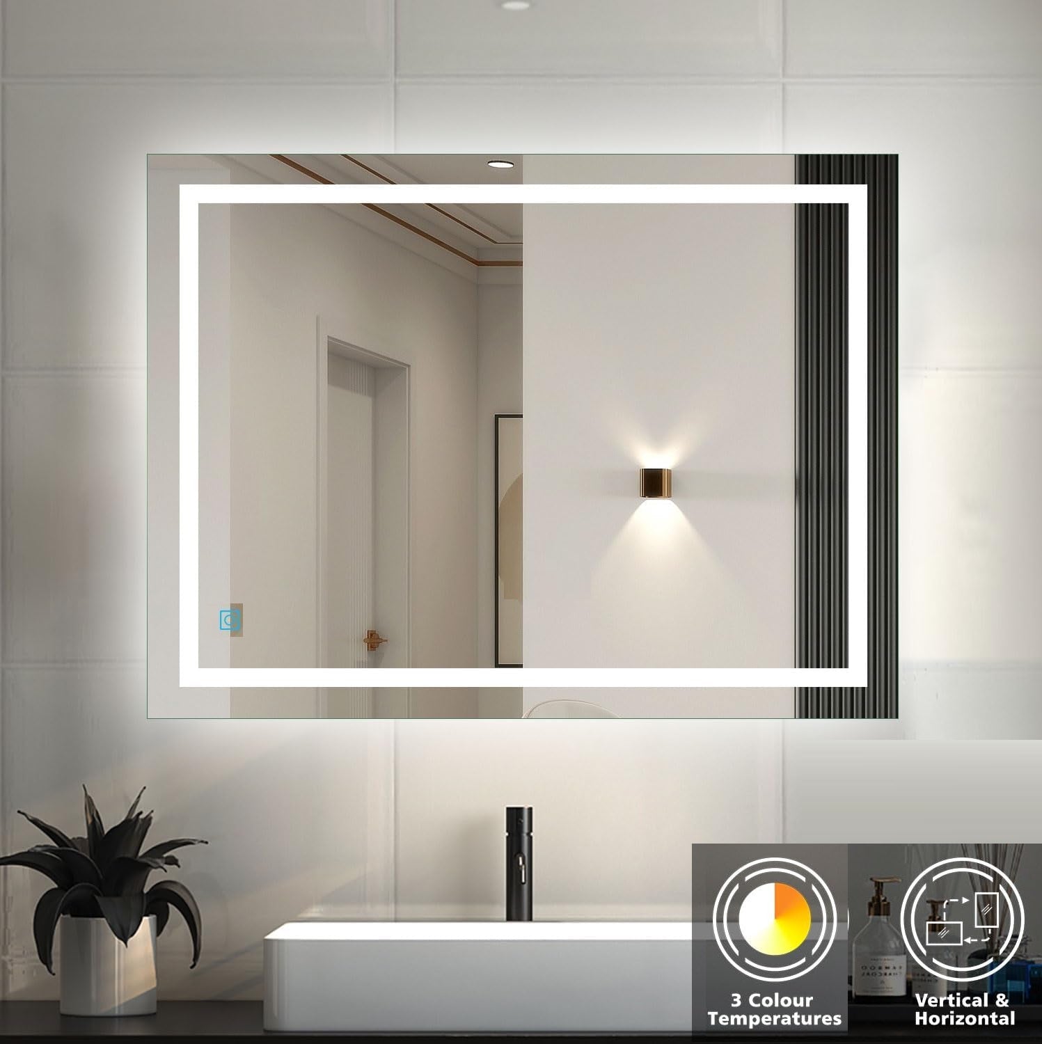 Espejo rectangular 70x90 cm con luz LED de 3 tonos boton tactil funciona para instalacion Vetical y Horizontal