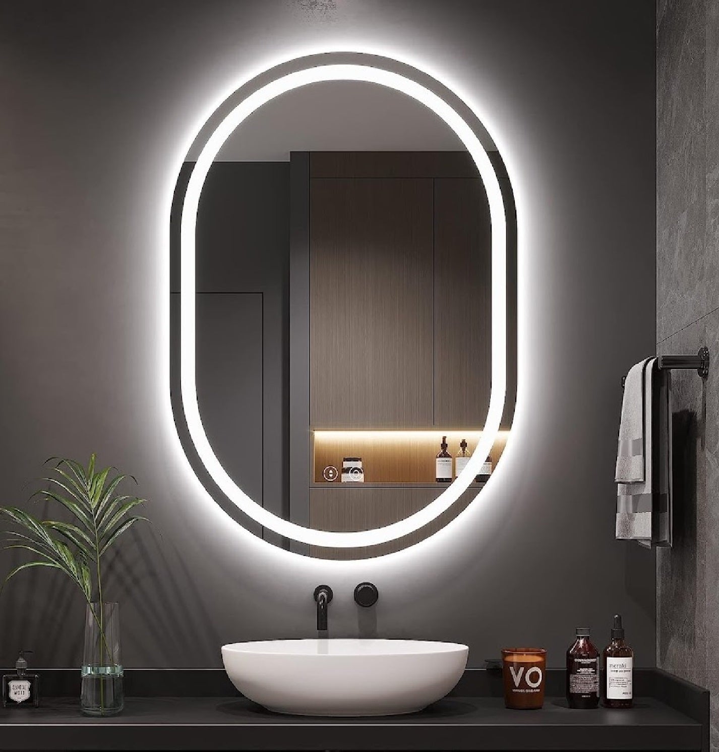 Espejo Ovalado 50 cm ancho x 100 cm alto con luz LED de 3 tonos boton tactil