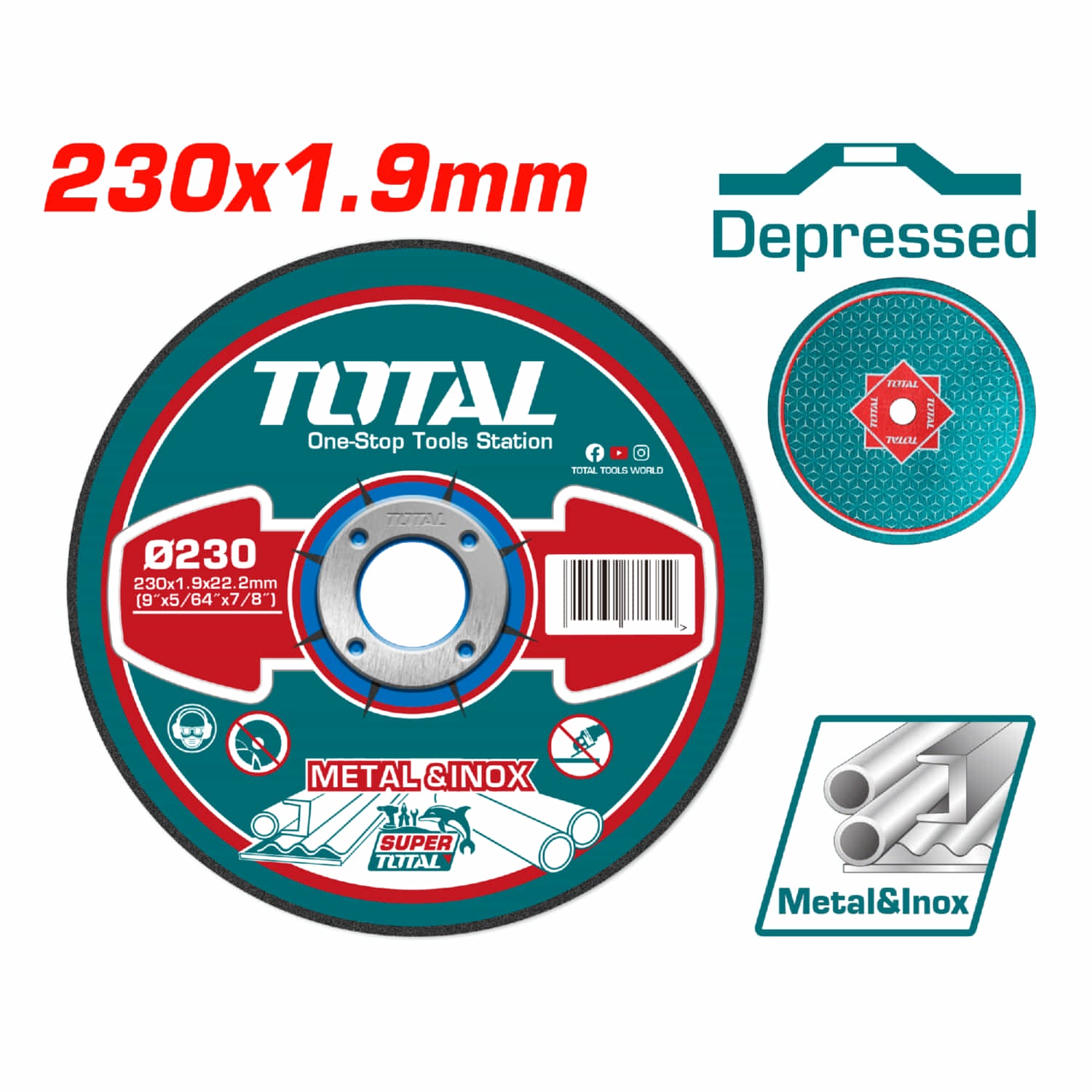Disco corte 9" metal y acero inoxidable 230 mm( 9 ")X1.9 mm(5/64")X22.2 mm(7/8") Concavo. (1 pza)