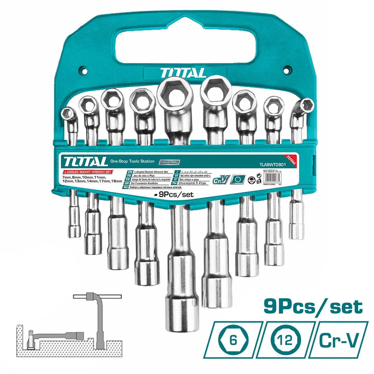 Juego de llaves en L para sockets de 09 piezas. Cr-V. Acero Industrial.
